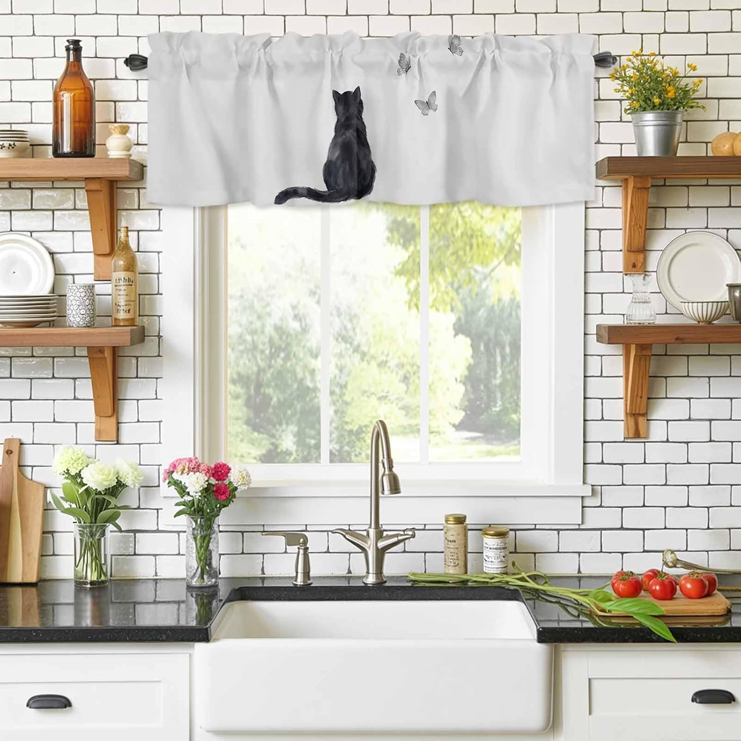 Funny Black Cat Curtain Valance for Windows/Living Room/Kitchen/Bathroom/Café, Vintage Simple Cats Grey Butterfly Animals Short Rod Pocket Tier Curtain Window Treatment Panel 42''x12''