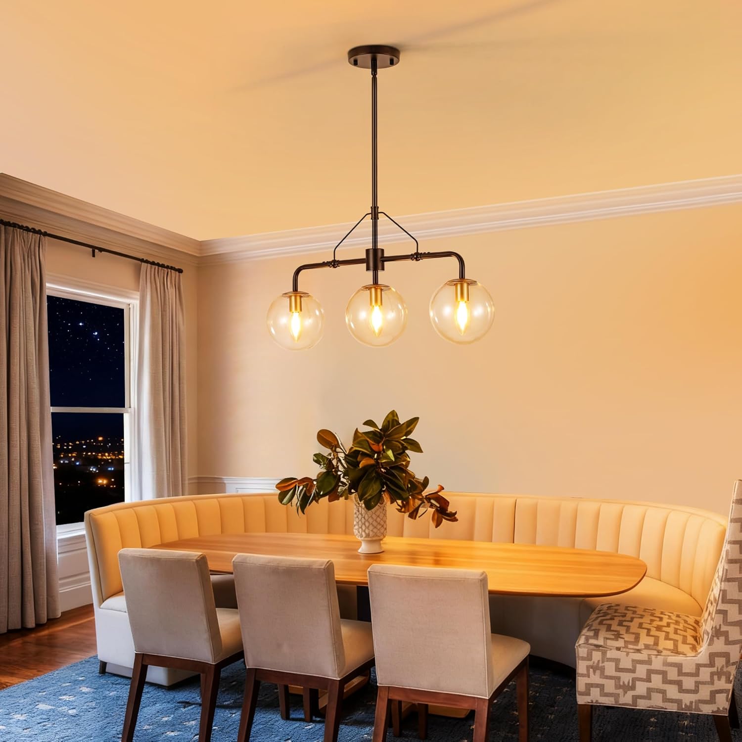 3-Light Modern Kitchen Island Lighting, Black and Gold Dining Room Chandeliers Over Table Hanging, Industrial Linear Chandelier with Clear Globe Glass Shades