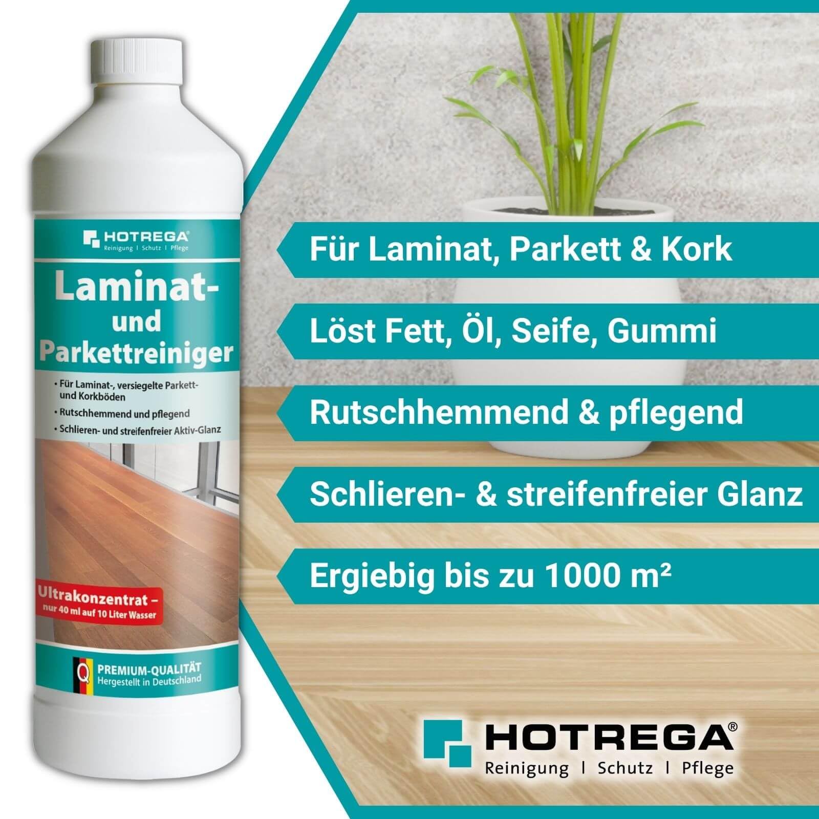 HOTREGA Laminat- & Parkettreiniger Konzentrat | 5x 1L Set | Wischpflege | Streifenfreie Reinigung für Korkböden | Rutschhemmend & Seidenmatt-Effekt | Schutz vor Feuchtigkeit & Abnutzung