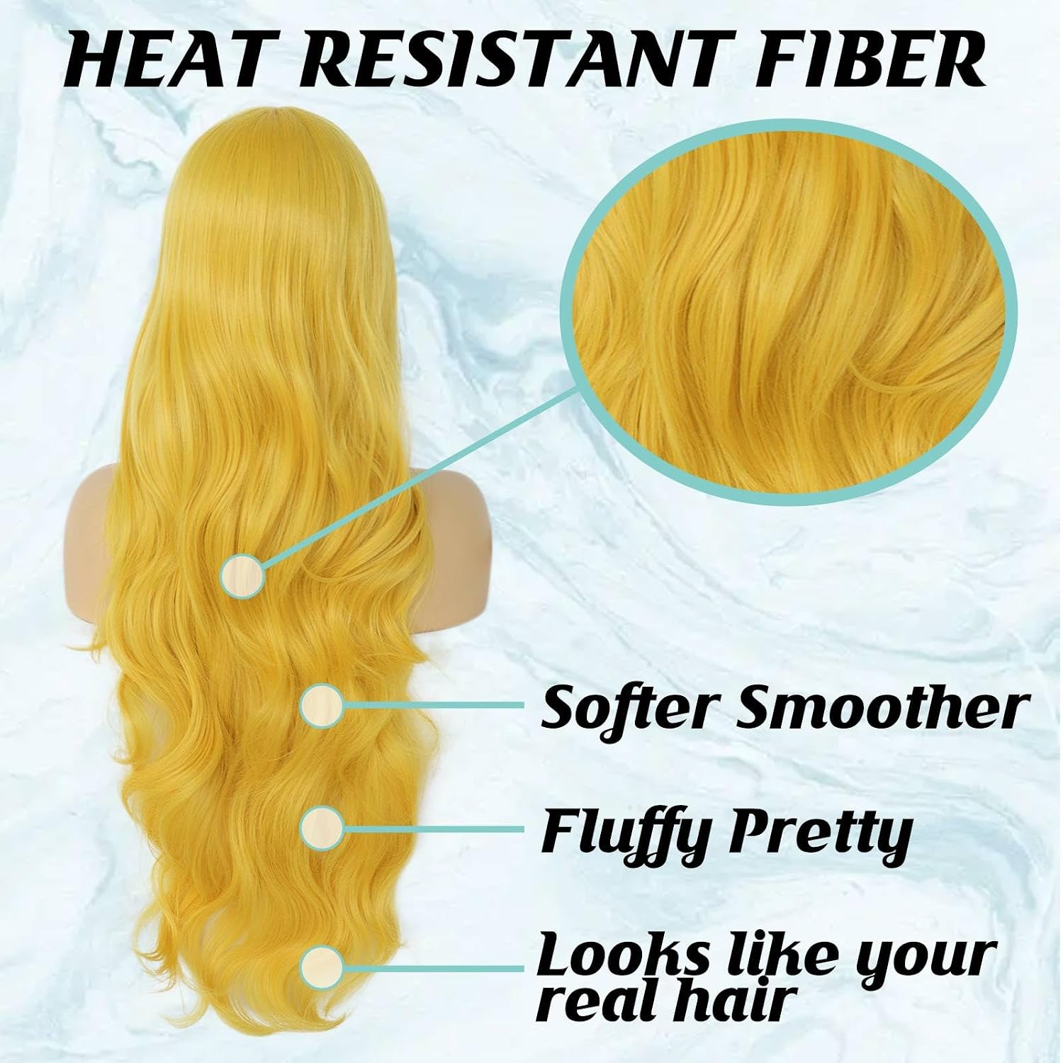 ANOGOL Long Yellow Curly Wig with Bangs Golden Wavy Cosplay Wigs Wavy Wigs | Hair Cap+32 in/80 cm Long Yellow Body Wave Wigs Adult Curly Fashion Hair Gold Anime Costume for Halloween Cosplay Party Daily