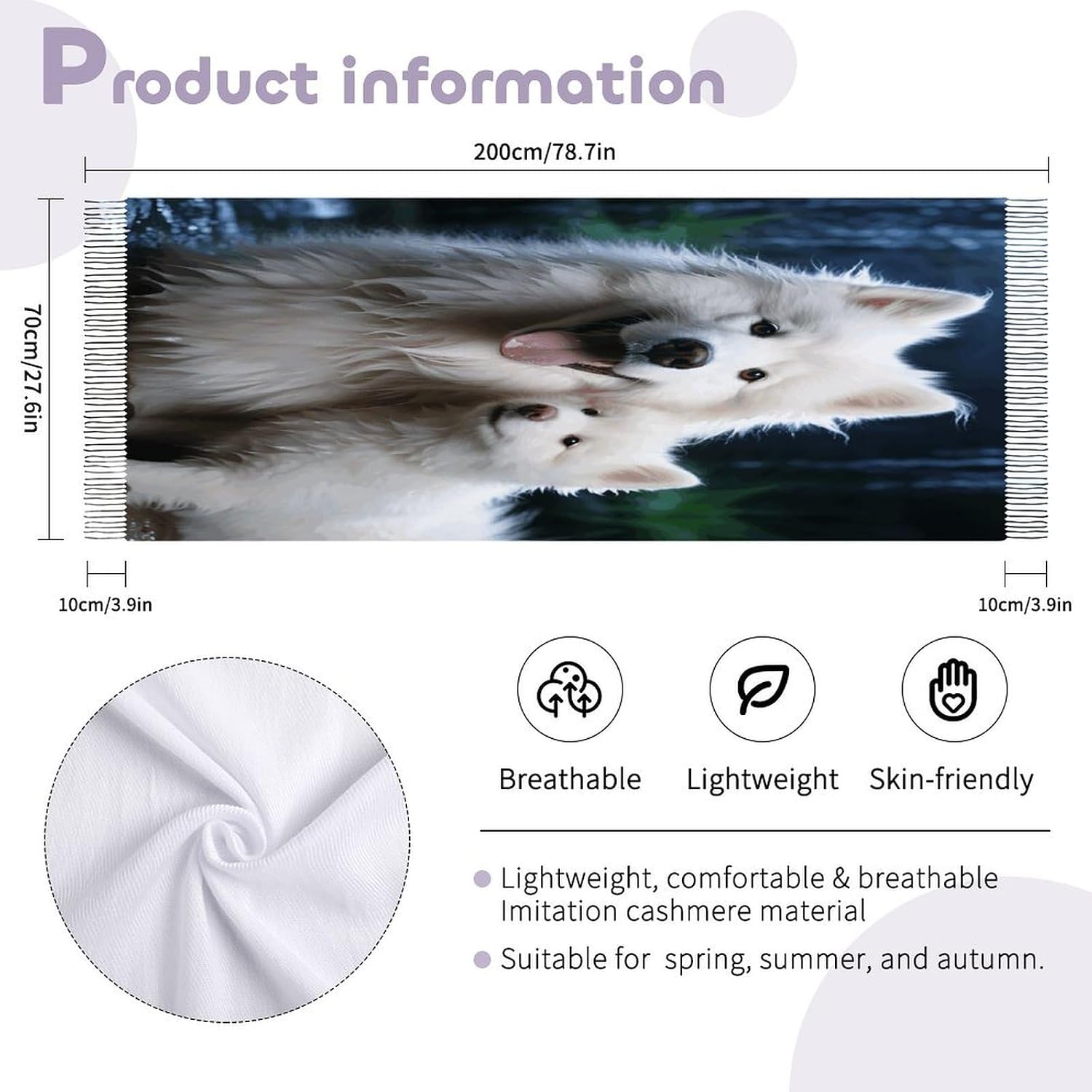 White Dog Winter Scarf for Women Soft Tassel Scarves Oversized Wraps Long Shawl Cold Weather Thick Blanket Scarfs