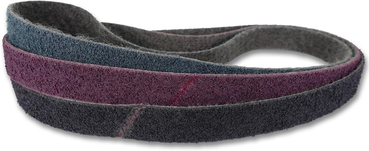 Red Label Abrasives 2 X 42 Inch Non Woven Surface Conditioning Sanding Belts for Knife Makers and Metal Fabricators - Coarse, Medium, and Fine Grits Sand Paper - 3 Pack Assortment
