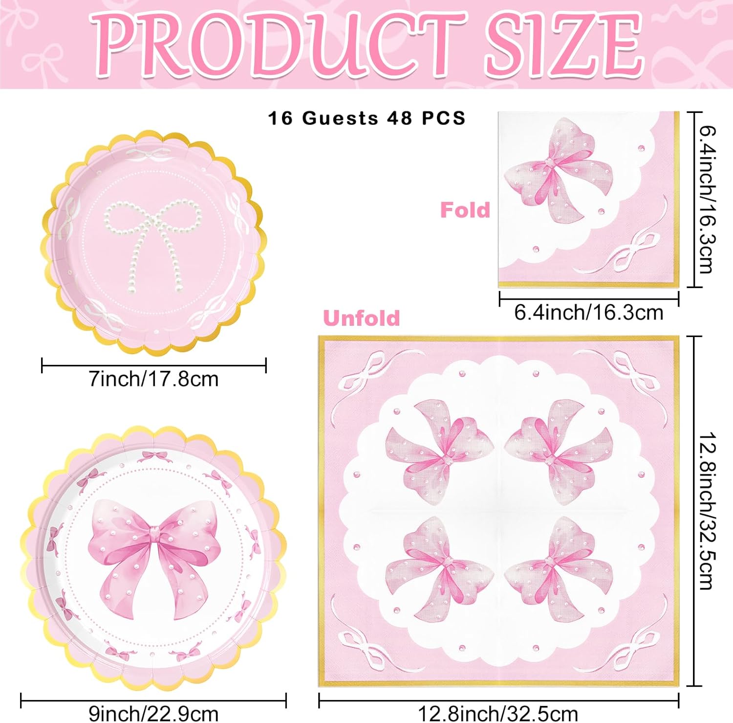 WERNNSAI Pink Bow Birthday Decorations - 48PCS Bow Plates and Napkins Coquette Birthday Decorations Pink Paper Plates and Napkins for Kids Girls Bachelorette Wedding Supplies Serves 16 Guests - Image 3