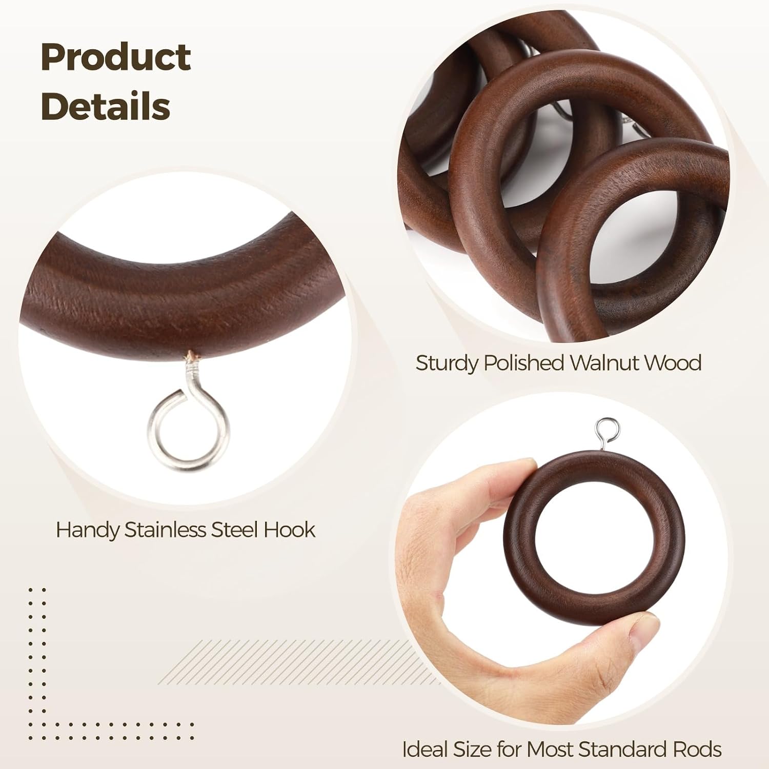 24 Pcs Walnut Wood Curtain Rings with Hooks, 2.72 Outer Diameter, 1.75 Inner Diameter, Smooth Sliding for Drapes, for Home Decor