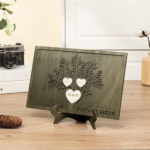 Vista 142 de Árbol genealógico con etiqueta de corazón, placas de madera grabadas personalizadas, regalos personalizados para madres, padres, escritorio, nombres