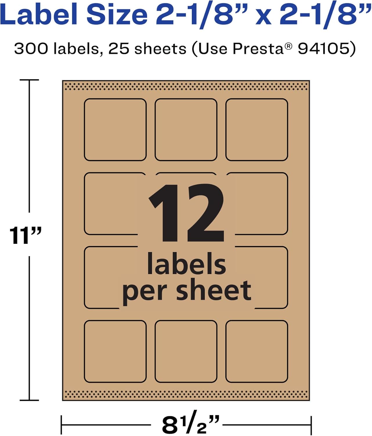 Avery Kraft Brown Square Labels, Sure Feed Technology, 2-1/8" x 2-1/8", 300 Kraft Brown Labels, Print-to-The-Edge, Laser/Inkjet Printable