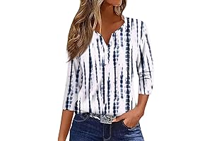 3/4 Length Sleeve Womens Tops Casual Loose Fit Henley Neck T Shirts...