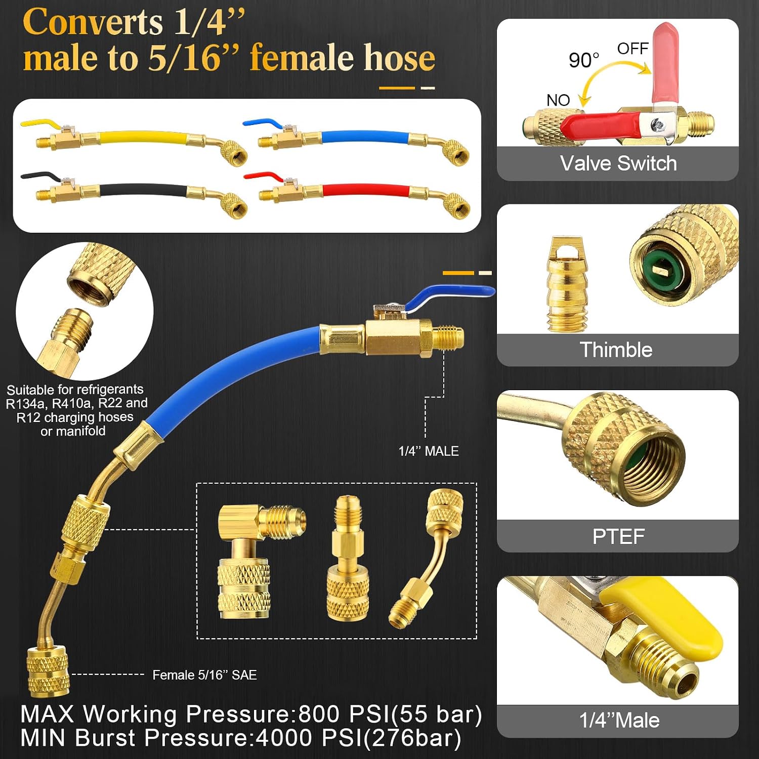 Tujoe HVAC Valve Core Remover Tool Kit with Ball Valve Repair Wrench Hose and R410a Adapter Kit, Compatible with SAE 1/4 and 5/16 Port, R410 R32 Brass Adapter with Core Brass Nut Thimble
