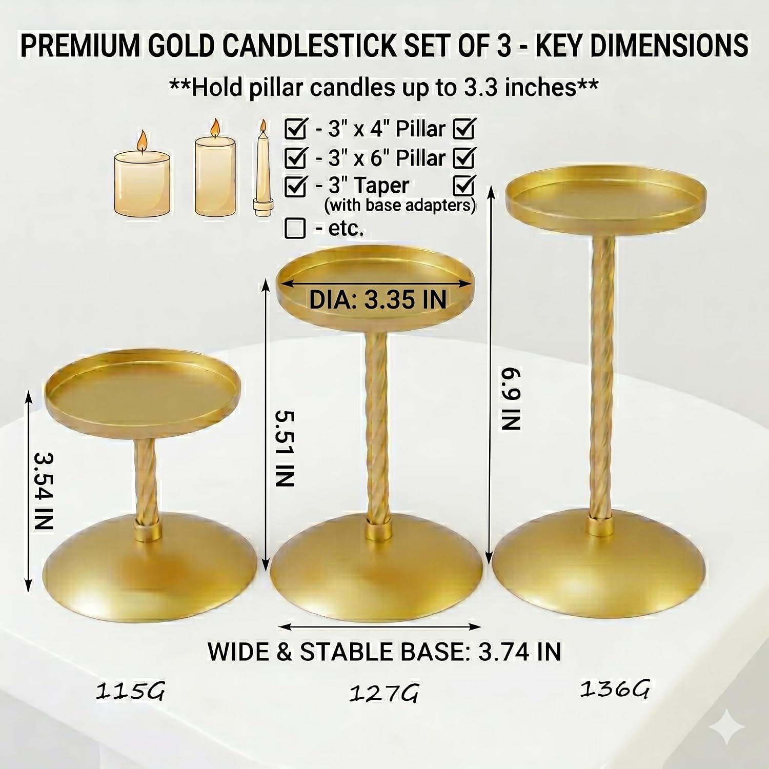 Gold Metal Pillar Candle Holders, Set of 3, Table Centerpieces