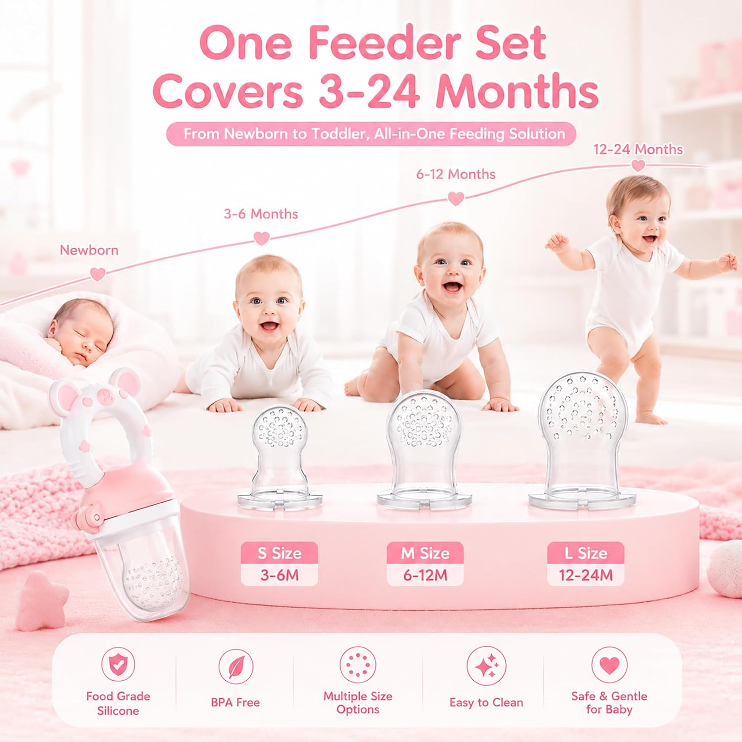 JOCHEBED Baby Fruit Food Feeder Pacifier, Silicone Teething Relief Toy, 2-Pack with 6 BPA-Free Pouches, Light Pink, 3-24 Months