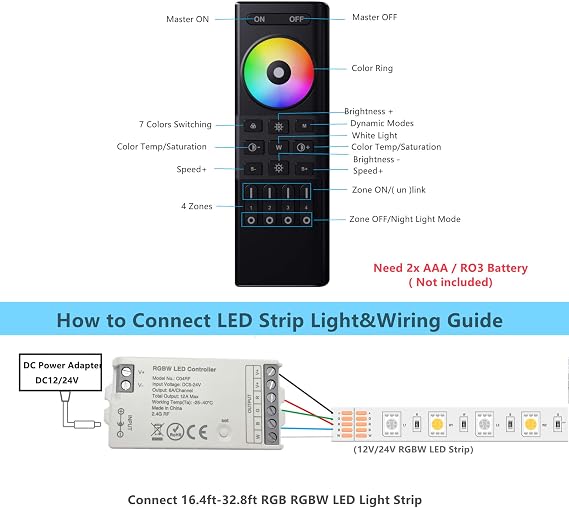 RGBW LED Controller with RF Remote Control,2.4GHz Wireless 4-Zone Remote Control Group Control 5050SMD COB 5Pin RGBW LED Strip Light DC5V-24V Dimming Color Changing(No power supply and light strip） | for FCOB RGB RGBW Strips, Dimming & Color Changing, 2.4GHz Wireless, 4 Zones Control
