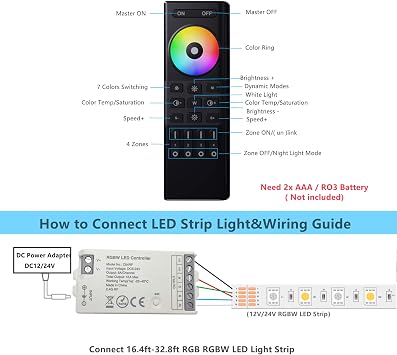 RGBW LED Controller with RF Remote Control,2.4GHz Wireless 4-Zone Remote Control Group Control 5050SMD COB 5Pin RGBW LED Strip Light DC5V-24V Dimming Color Changing(No power supply and light strip) | for FCOB RGB RGBW Strips, Dimming & Color Changing, 2.4GHz Wireless, 4 Zones Control