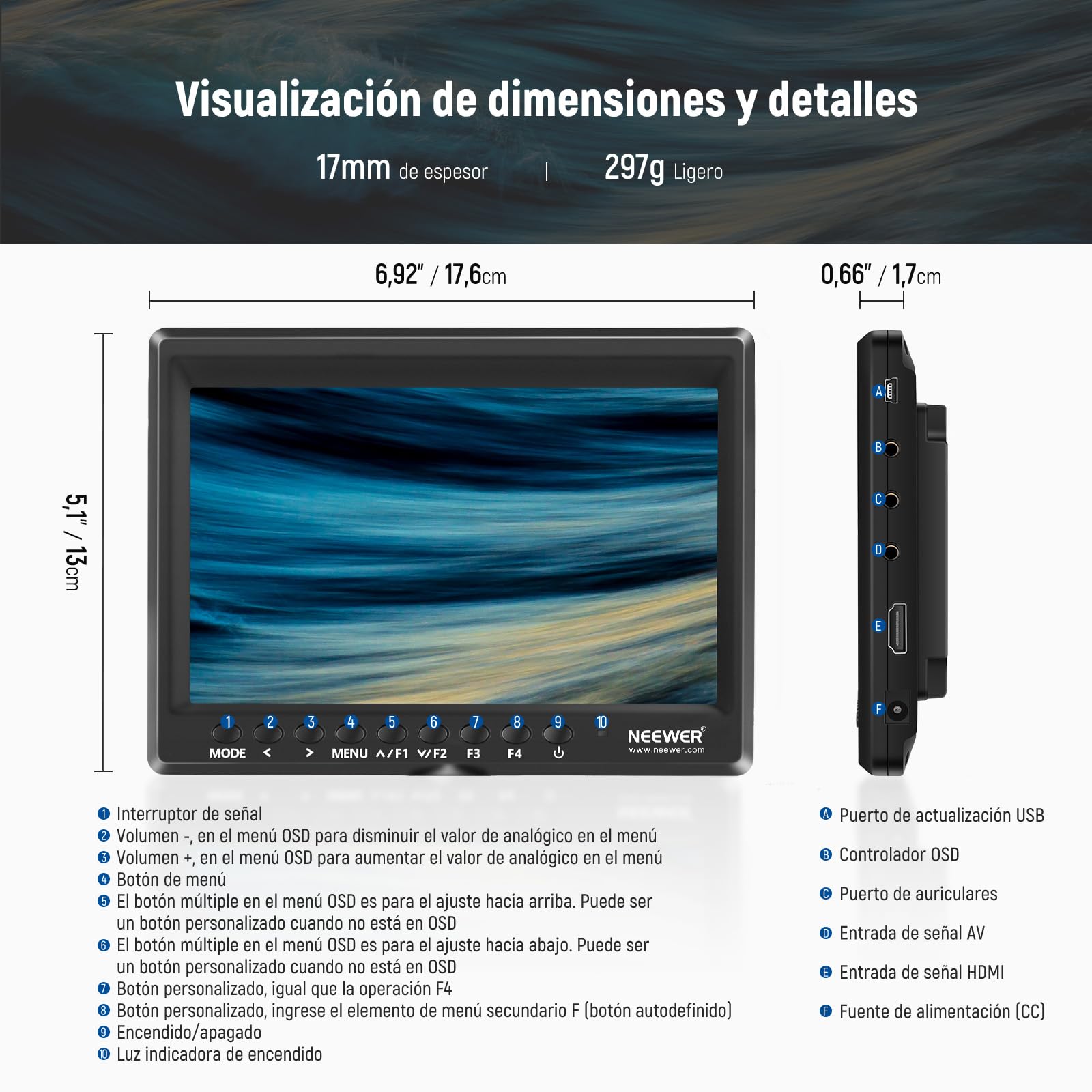 NEEWER Monitor de Campo de cámara F100 de 7 Pulgadas, Asistencia de Video HD de 450 nits, IPS 1280 x 800 HDMI 1080p con Enfoque máximo/histograma/batería F750, Cabezal de Bola de 360° para cámaras