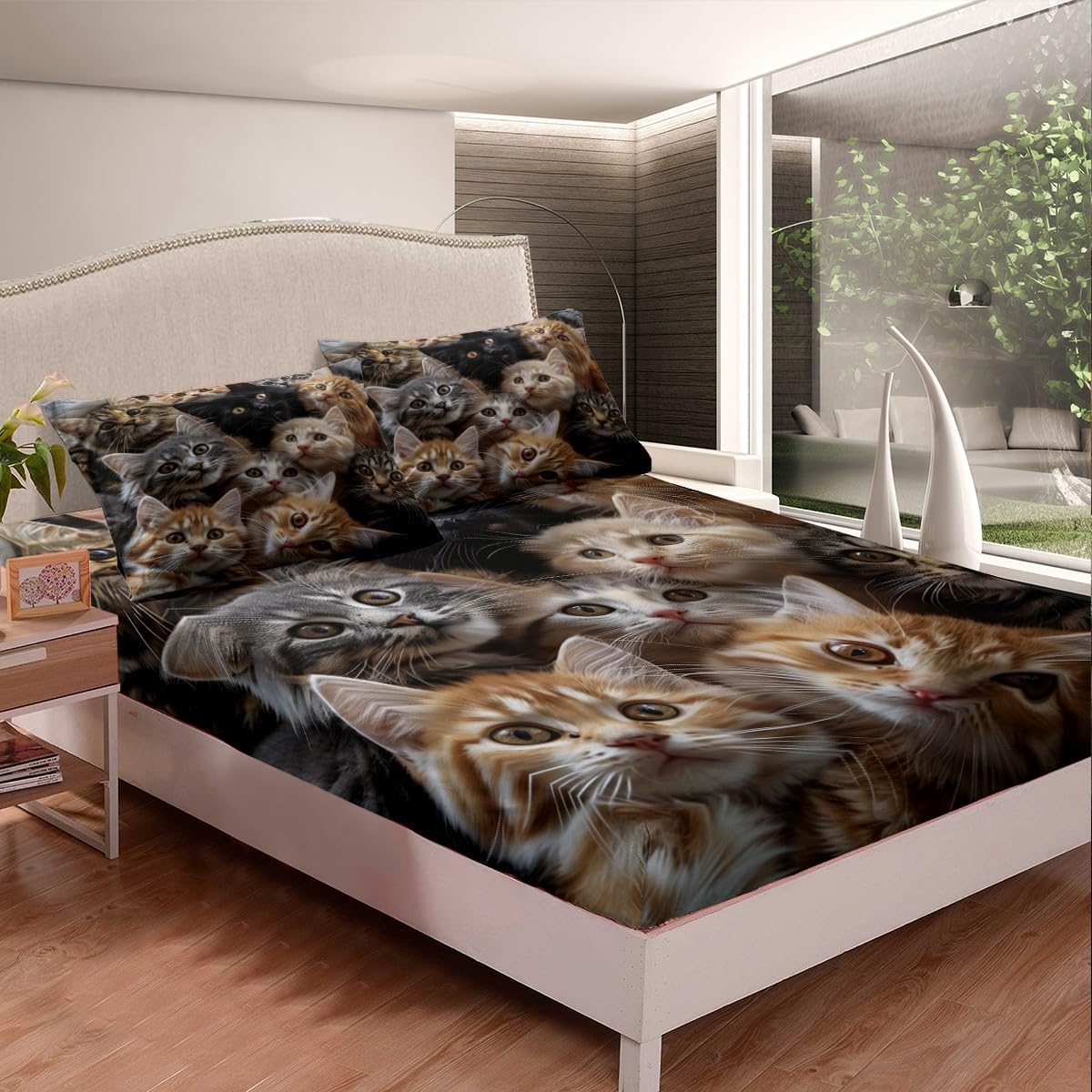 Feelyou Cute Cat Family ボックスシーツ キュート 子猫 ベッドシーツ キッズ 男の子 女の子 ペット 動物
