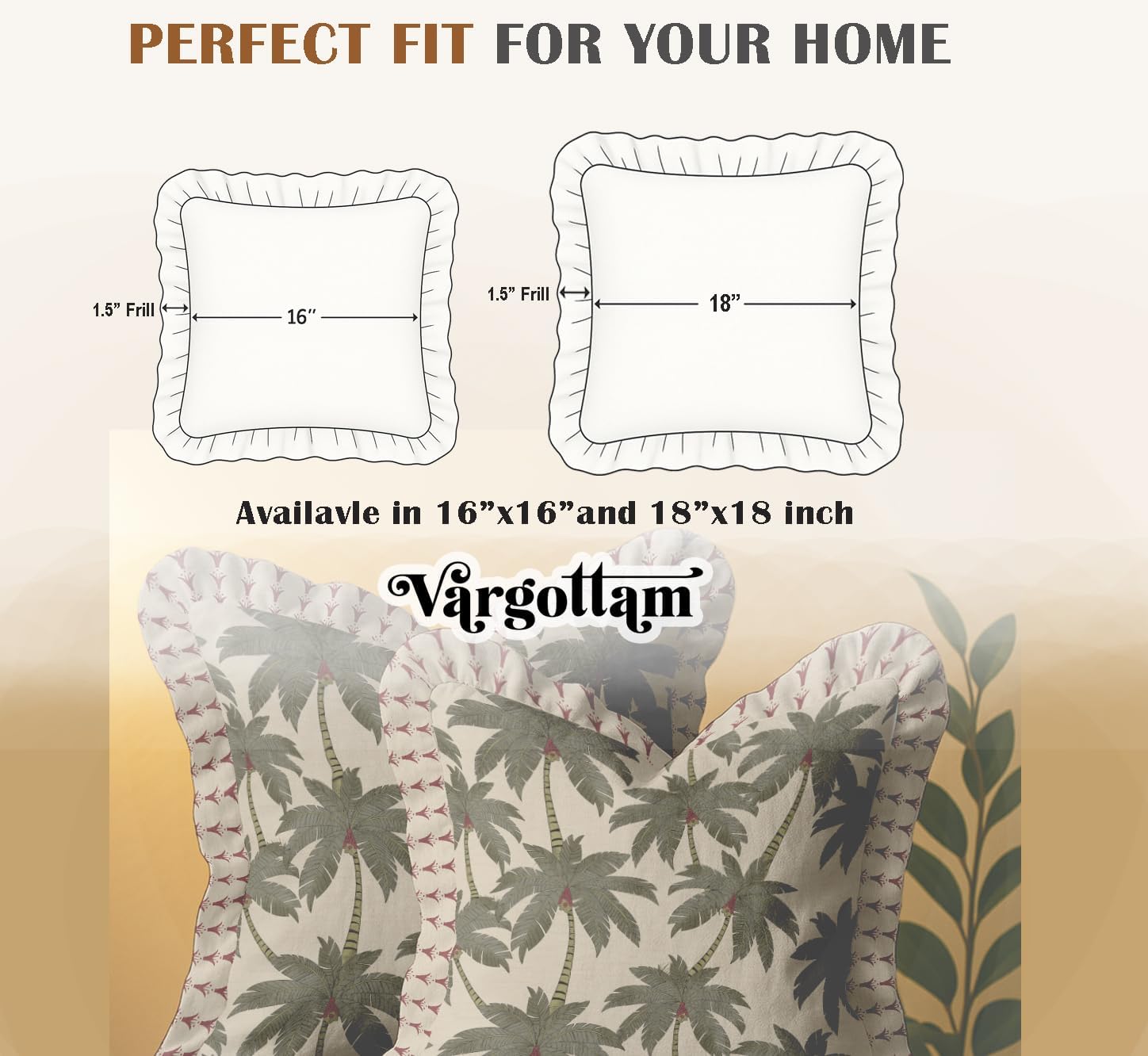 Farmhouse Style Frill Pillow Covers 16x16 Cotton Cushion Covers Set of 2, Tropical Print, Double Side Printed, Zipper Closure