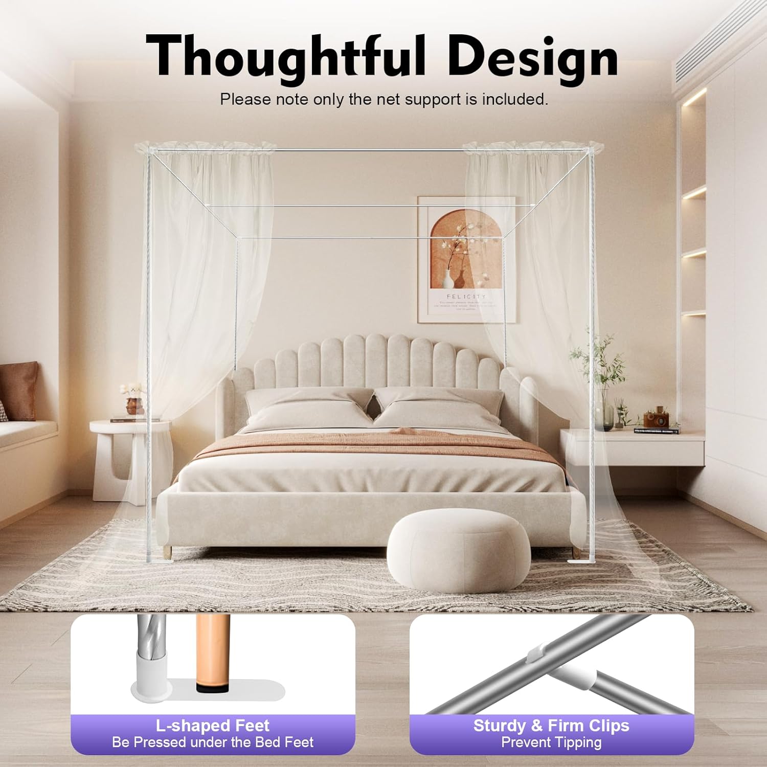 Canopy Bed Frame Queen Size 6.56x6.56x6.56ft, Heavy Duty Stainless Steel Thicken Metal Bedframe with 4 L-Shape Feet Corners, Sturdy Poles Bed Canopy Frame for Metal Wood Bed Bedroom Decor