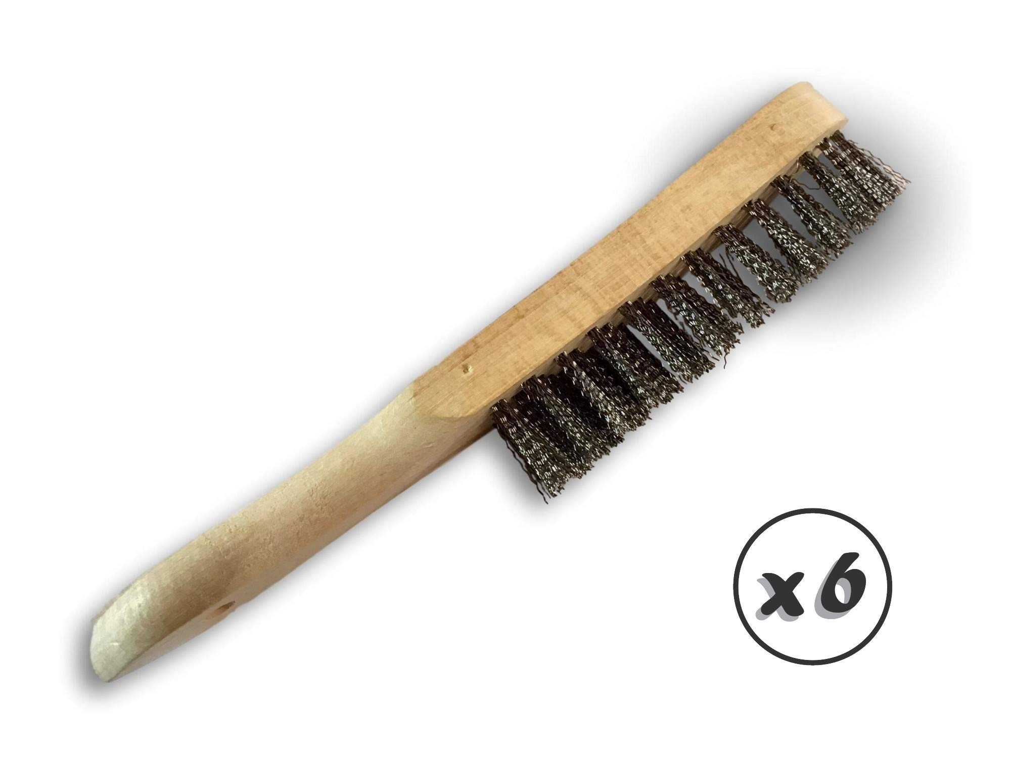 Standardowa szczotka druciana do spawania ręcznego | Zestaw 6 | 4-rzędowe wypełnienie ze stali nierdzewnej drutu falistego 30 mm | Drewniany uchwyt | Szczotkowanie usuwanie rdzy | Kibros 32I4x6