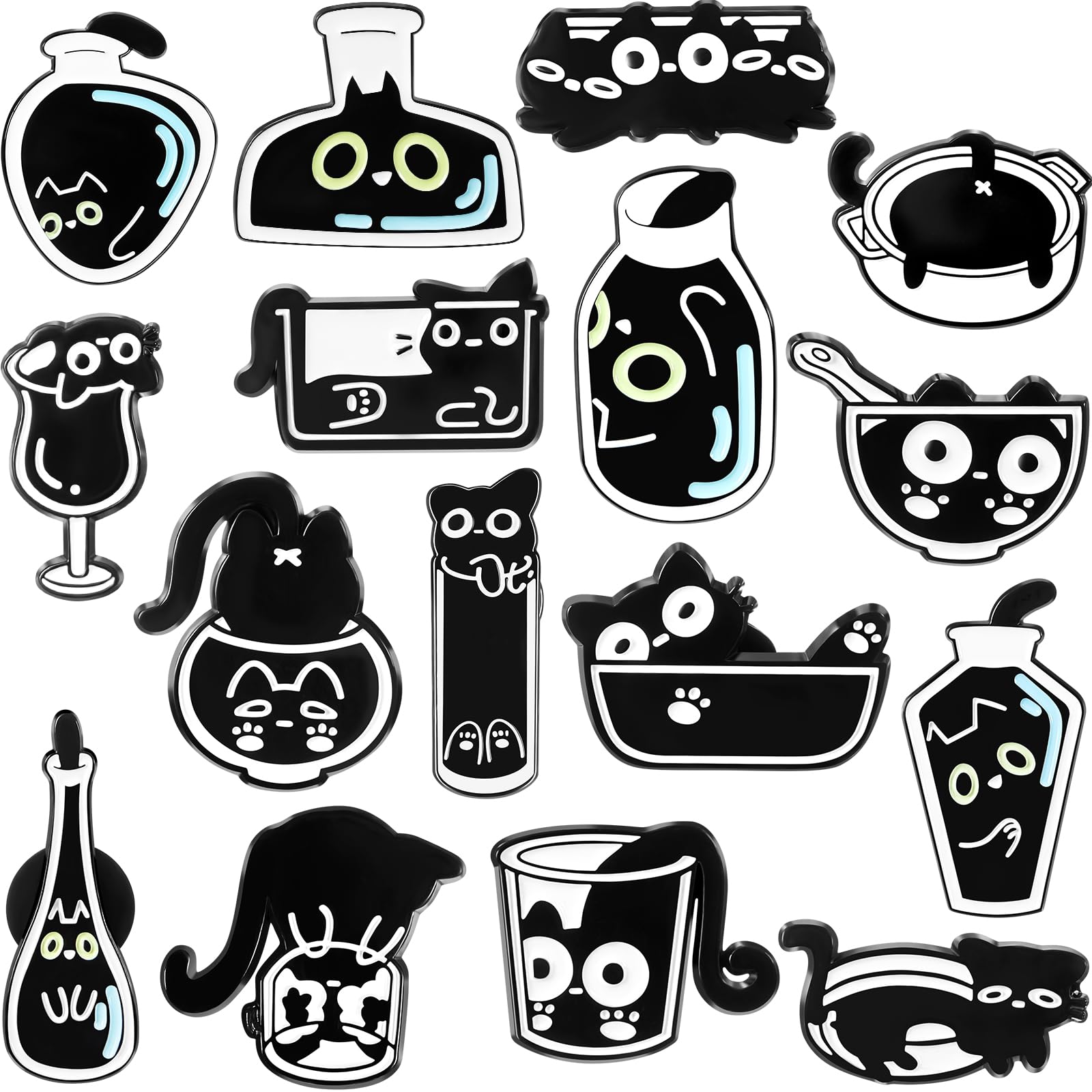 Juexica 16 Pcs Cute Black Cat Enamel Pins for Backpacks, Kawaii Cats and Plant Pin Set, Back to School Gifts for Cat Lovers