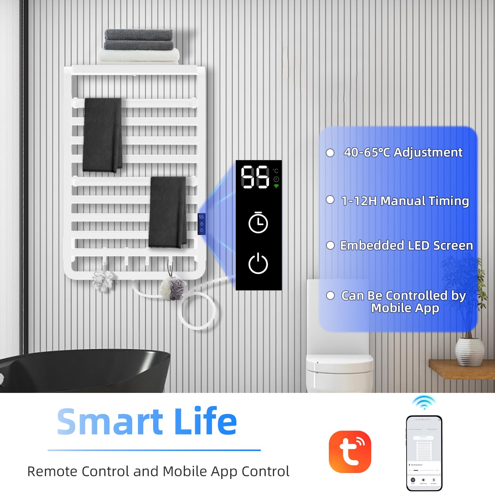 TINS Scaldasalviette Elettrico Termoarredo Bagnocon Conschermo LED e App Portasciugamani Elettrico Temporizzatori e Termostato con Ganci Rimovibili e Aste Appendiabiti Rimovibili- White 49x13.2x78cm