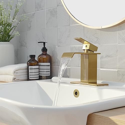Miniatura 4 de BATHLAVISH Grifo de baño de oro cepillado cascada moderno de un solo agujero fregadero de tocador con desagüe desplegable con piezas de