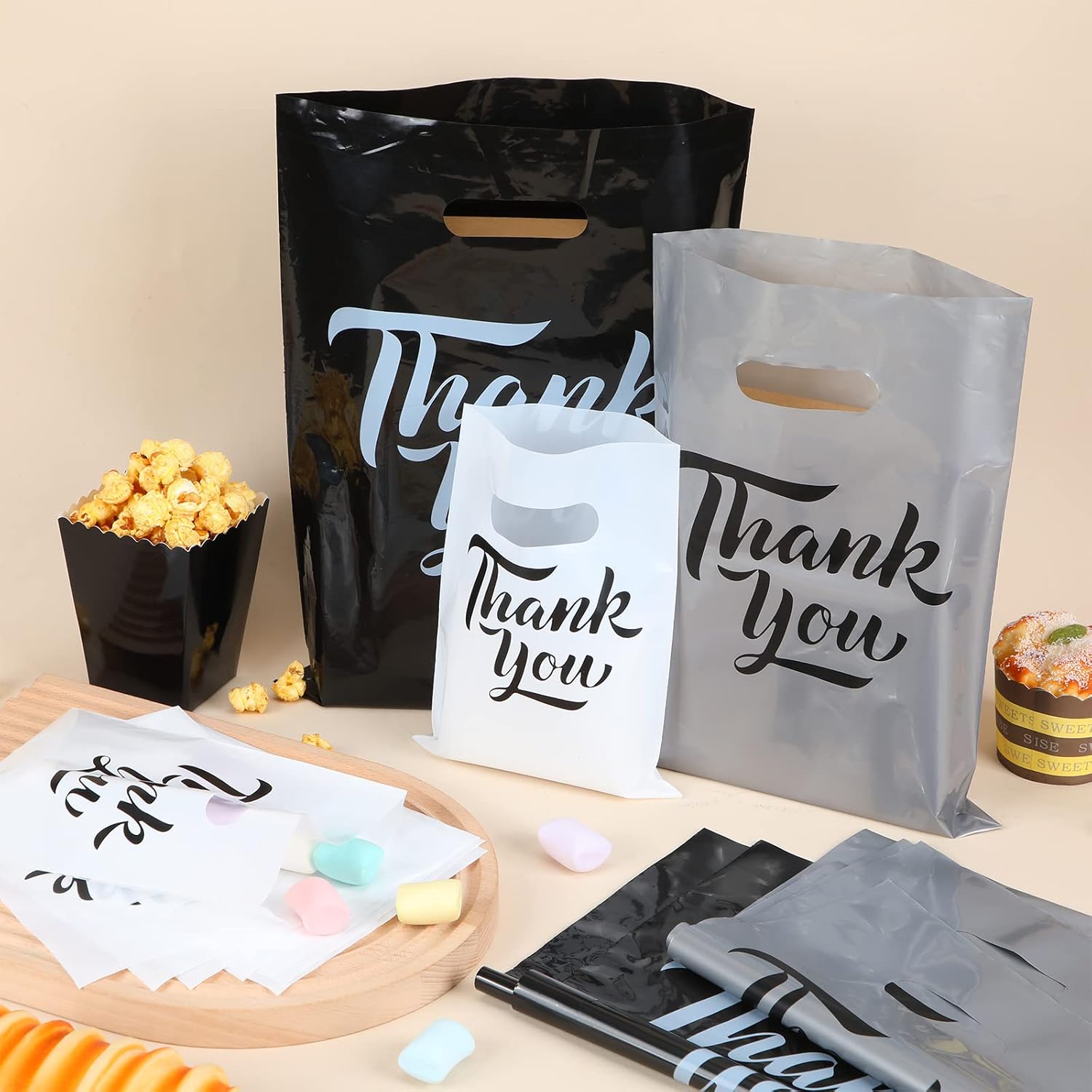 Jeyiour 300 Pcs Thank You Merchandise Bags 3 Size Shopping Bags for Business with Handles Thank You Gift Plastic Boutique Goodie Sacks for Wedding Stores Packaging(Black, Gray, White) - Image 4