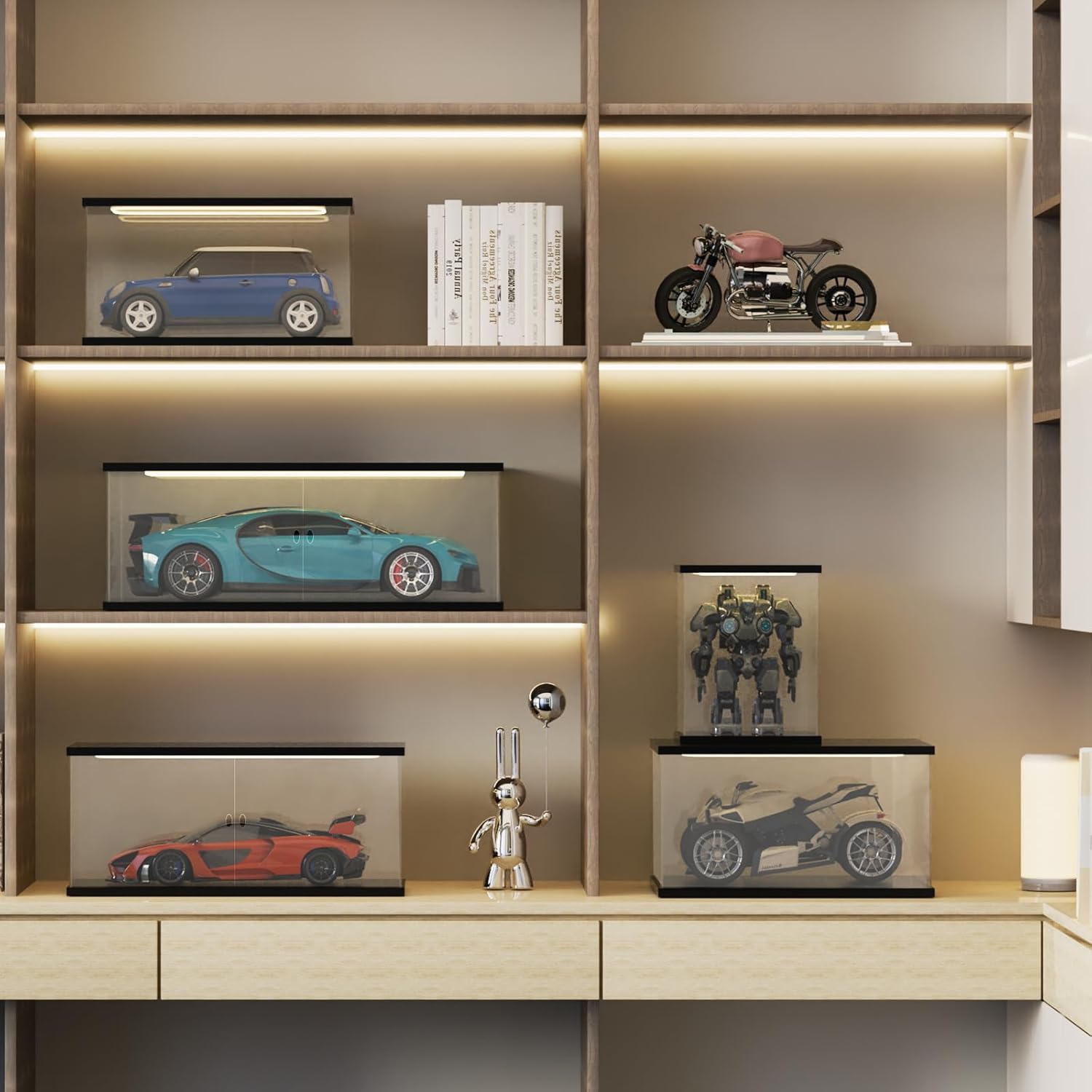 Nynelly Acrylic Display Case for Collectibles with LED Light, Clear Display Box for Lego 42143 42096 42083, 1/8 Scale Model Car Display Case, Assemble Dustproof Countertop Showcase, 23.6x11.8x7.8in