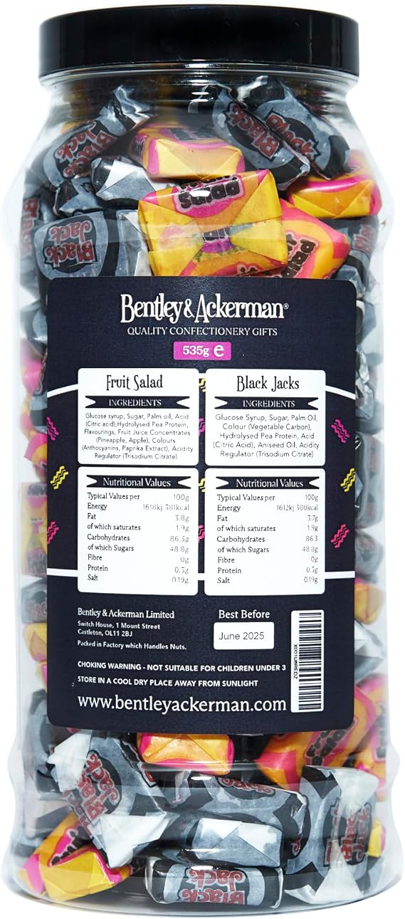 Fruit Salad & Black Jacks Sweets - (535g) Original Retro Fruit Salad & Black Jacks Sweets Gift Jar By Bentley & Ackerman's Sweet Shop.