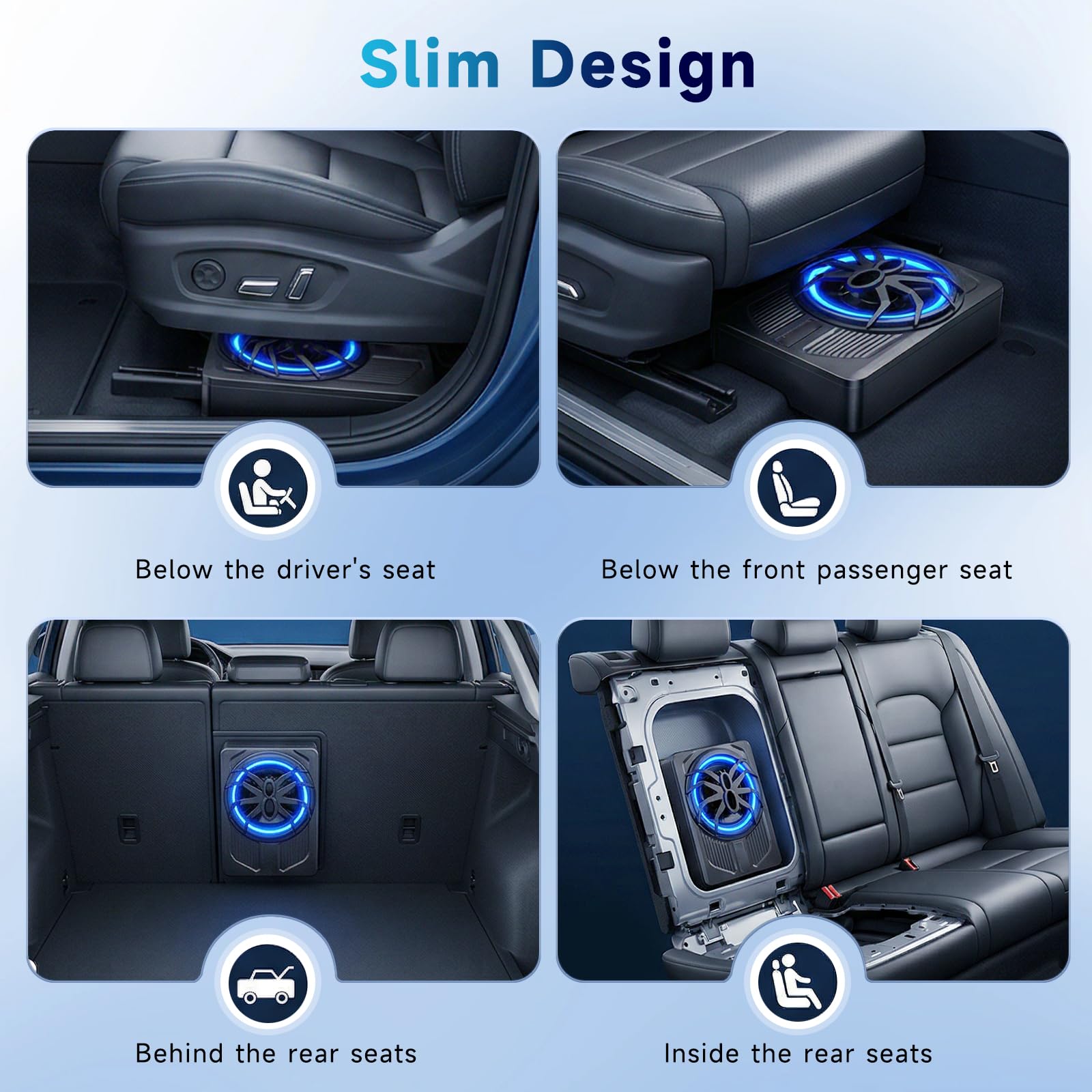 Hodozzy Caisson de Basse Voiture Fin sous, 1000W Subwoofer sous Le Siège de Voiture avec Amplificateur Audio Intégré, Caisson de Basse avec Entrée de Niveau Haut/Bas, Ambiance Bleu Couleur