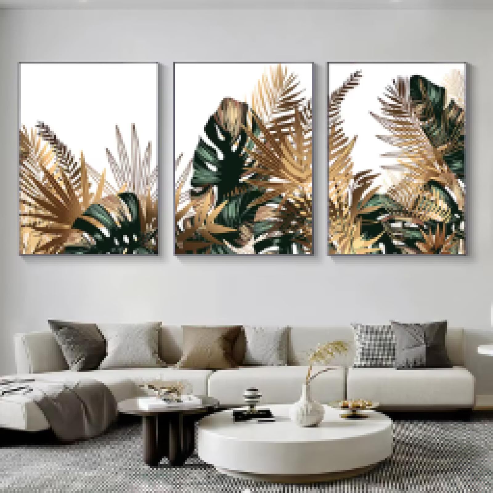 Affiche fleurs feuilles d'or triptyque chic pour mur salon 80x110cm - 8