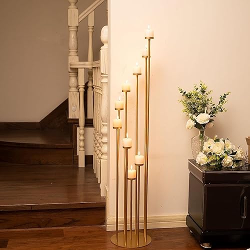Miniatura 7 de 2pcs 9 Arm Candelabra,Floor Candle Holders Tall Set for Wedding Aisle Decoration,Gold Candelabras for Fireplace,Candle Stand Fit for Flameless or