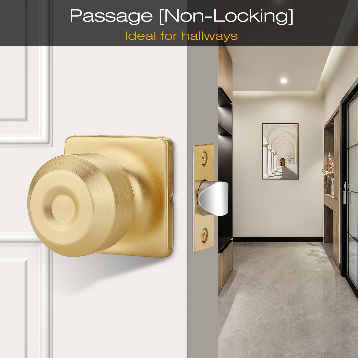 EHOMEWARE 3 Pack Brushed Gold Door Knobs, Hallway/Closet Door Handle, No Lock Door Knob, Passage Door Handle Without Key, Satin Brass Finish, Round Door Lever for Left Right Sided Doors