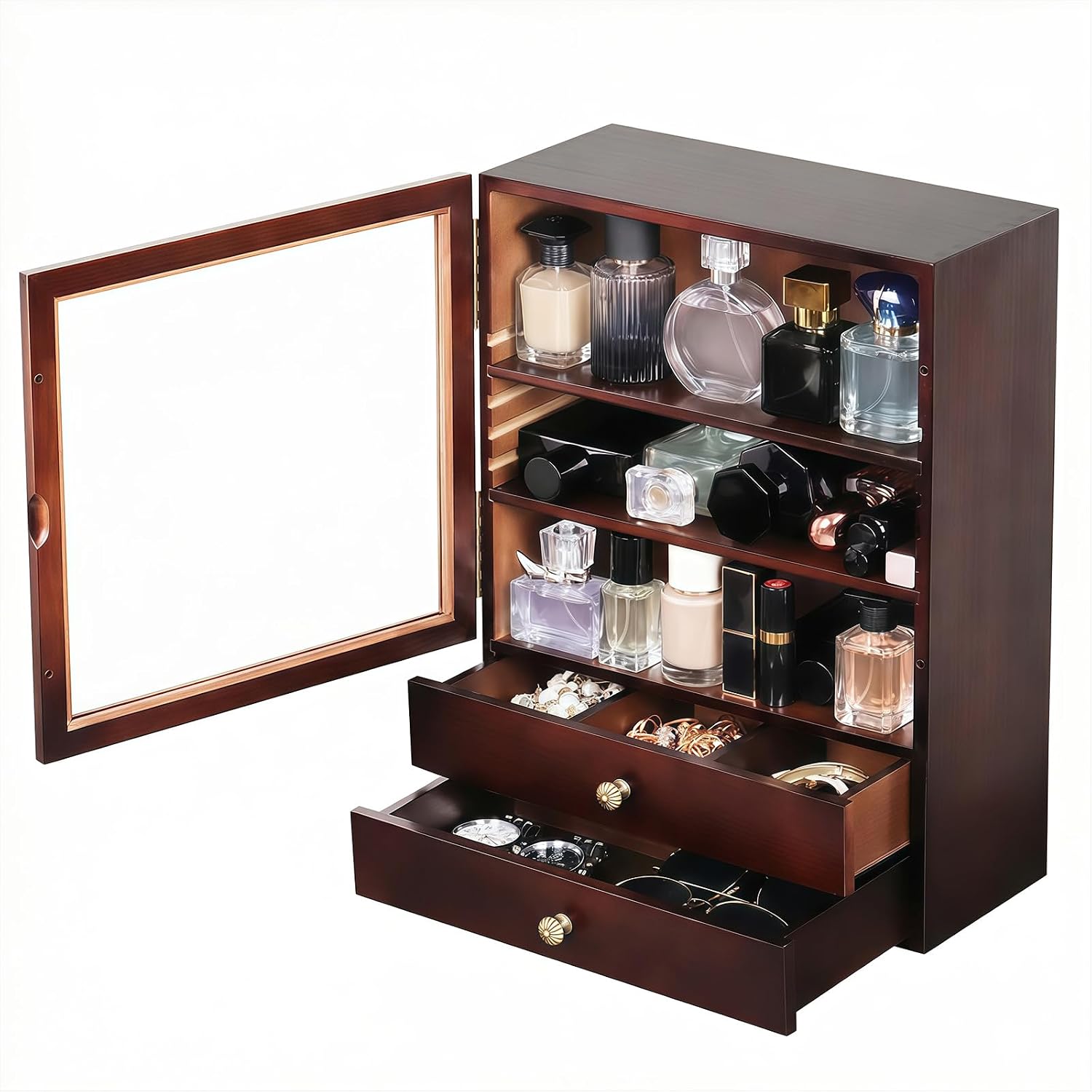 AUTOARK Cologne Organizer with Drawer,Large Men's Cologne Storage Stand,5-Tier Wooden Perfume Display Box,Dustproof Bathroom Organizer,Gift for Men,Black,AHK-083