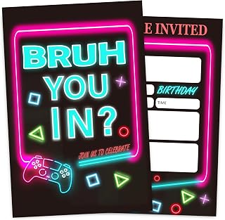 VIVORA Boy Game Birthday Invitation Card for Boys, Neon Game Themed Birthday Party Invites, 30 Cards & 30 Envelopes, 4x6 Inches, Double-Sided