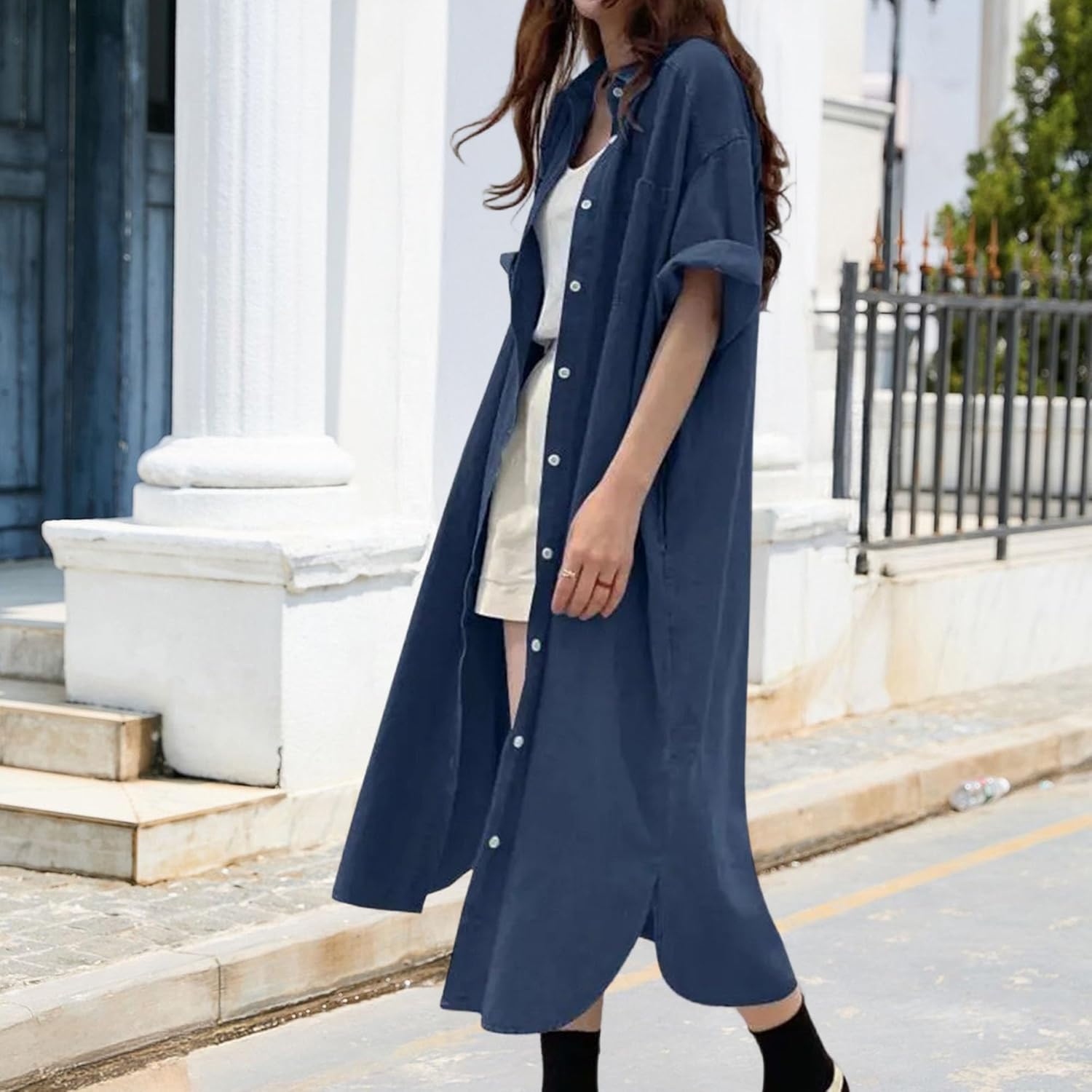 Women's Short Sleeve Long Denim Shirt Dress Summer Casual Loose Jean Dress for Women