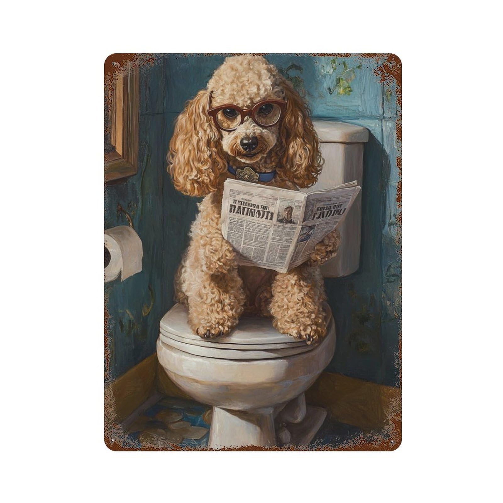 Poodle Reading Newspaper on Toilet-4 Retro Metal Sign 15.7"x11.8", for Garage, Bar And Workshop Decor, Shabby Chic Decor