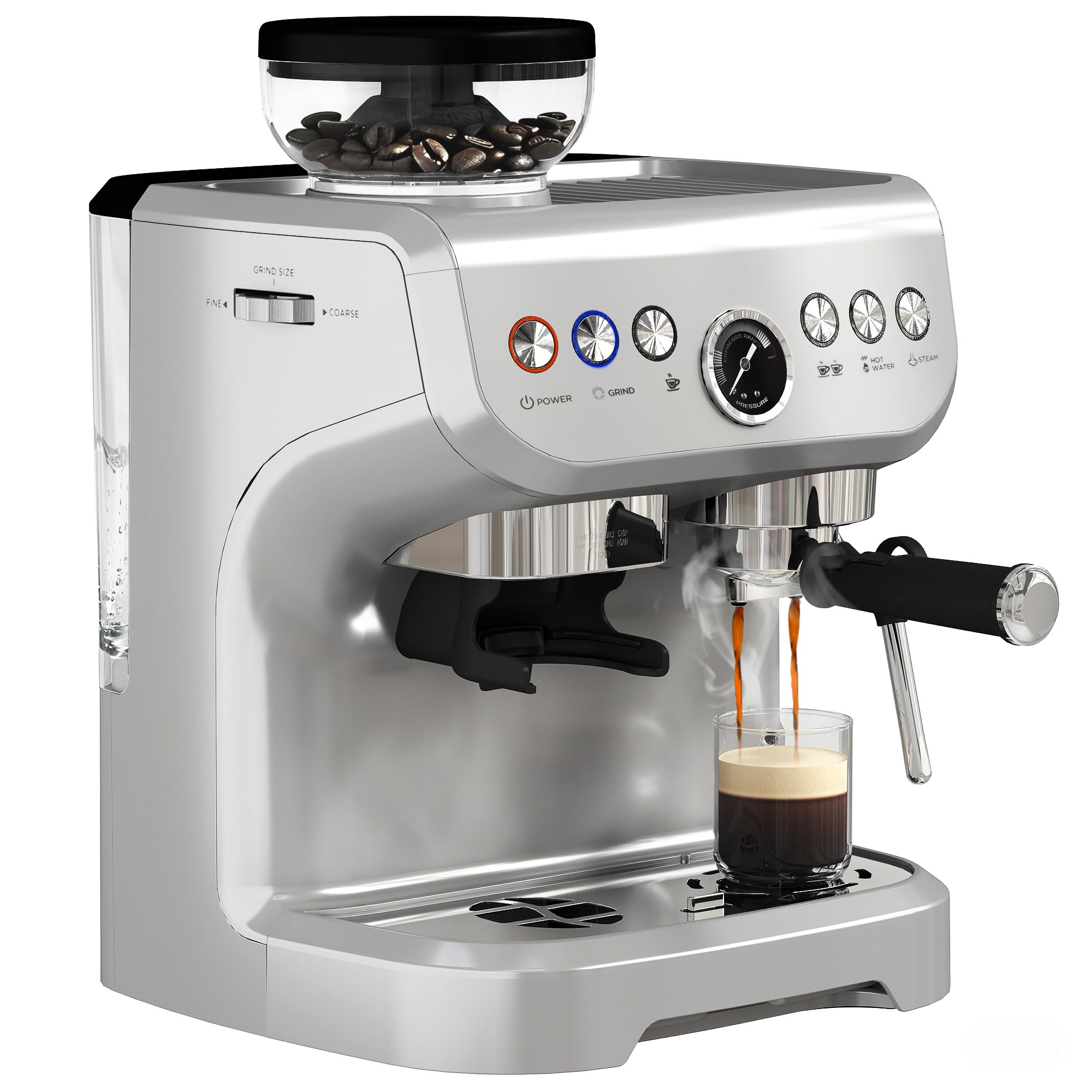 HOMCOM Espresso Machine - 15 Bar Pressure - Steam Wand - Built-in Grinder - Silver
