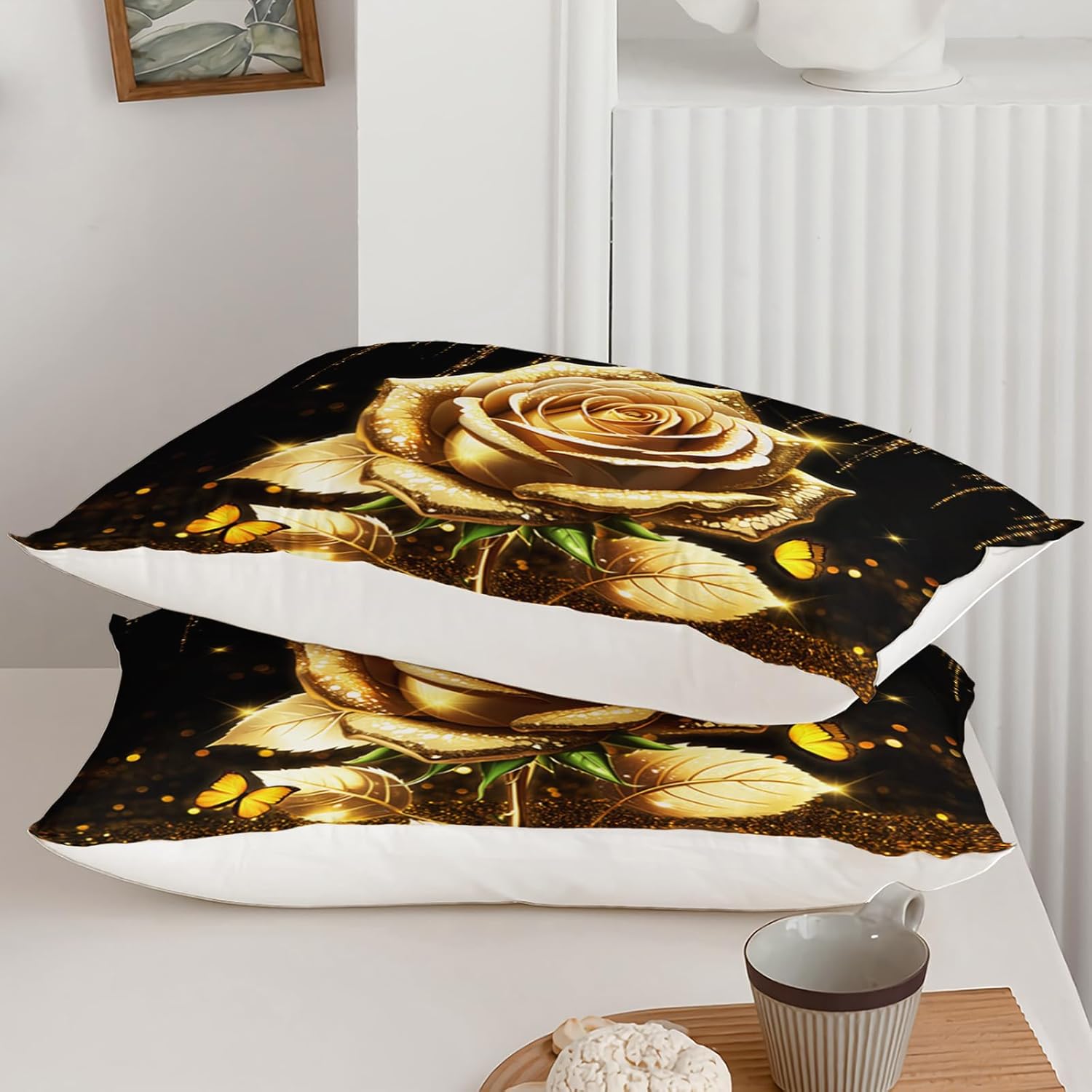 Rose Bedding Set for Girls Women, Twin Size Rose Floral Flower Butterfly Comforter, Golden Black Romantic Quilt Gift for Couple Lover, Room Decor for Valentine's Day