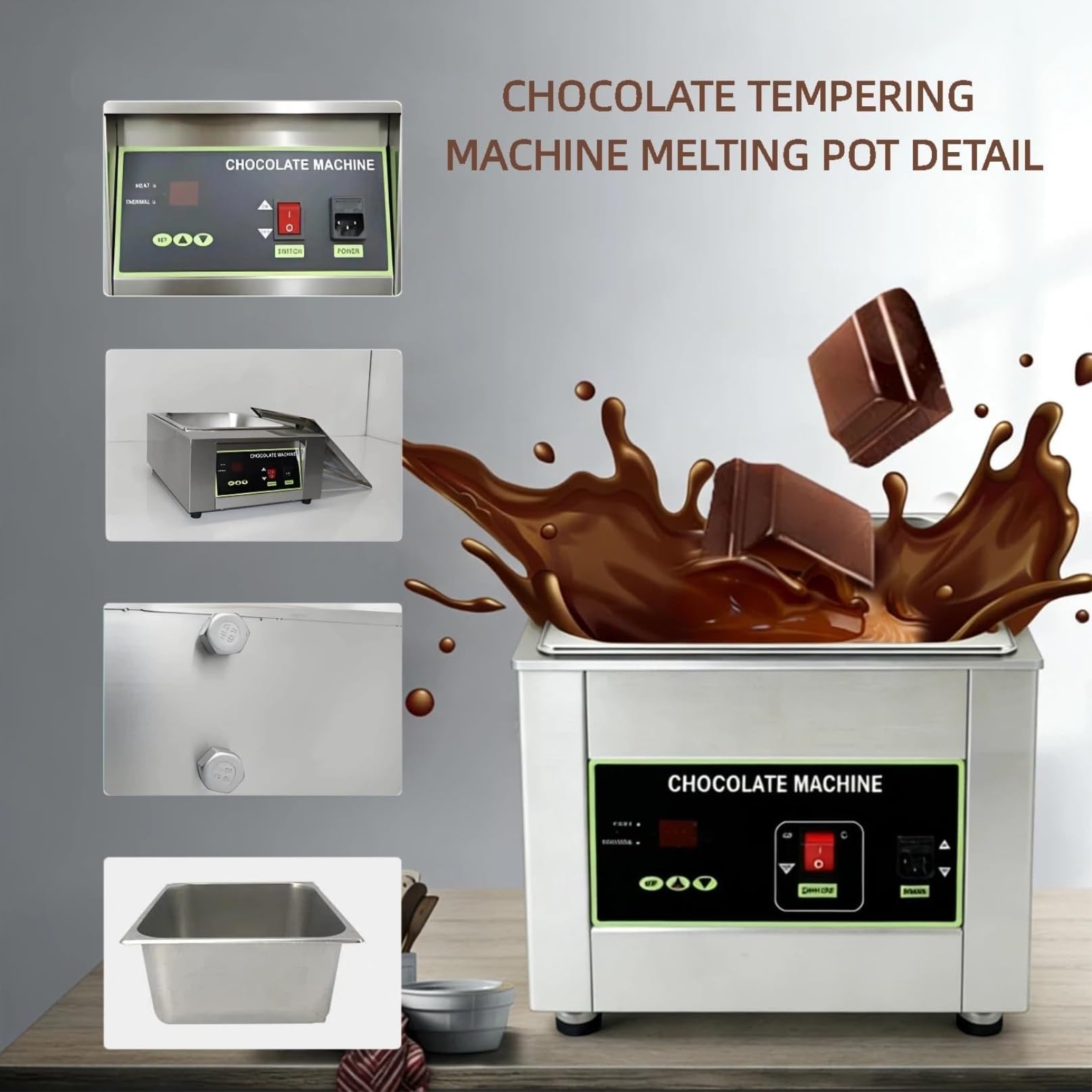 Máquina de fusión de chocolate comercial con control digital de temperatura y rueda mezcladora para aplicaciones de revestimiento y fuente
