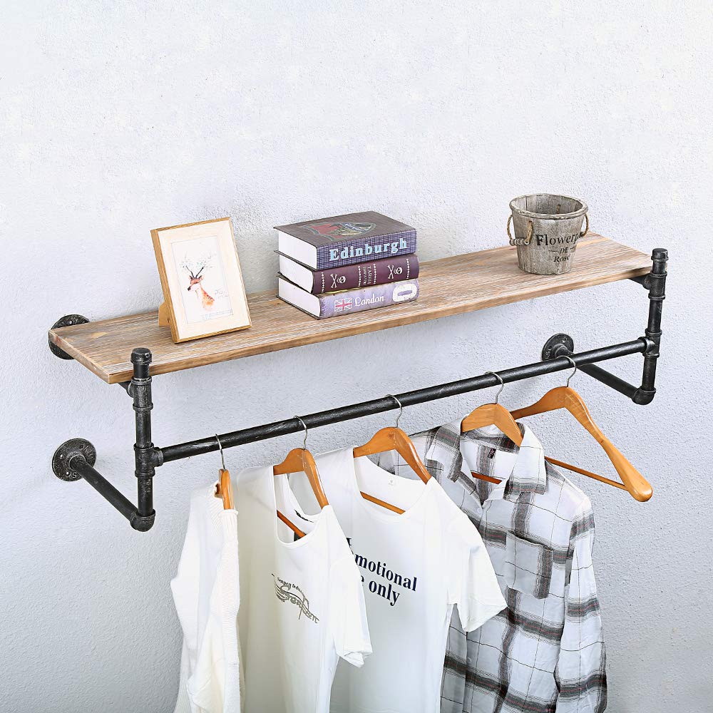 Buy Industrial Pipe Clothing Rack Wall Mounted Wood Shelf,Pipe Shelving