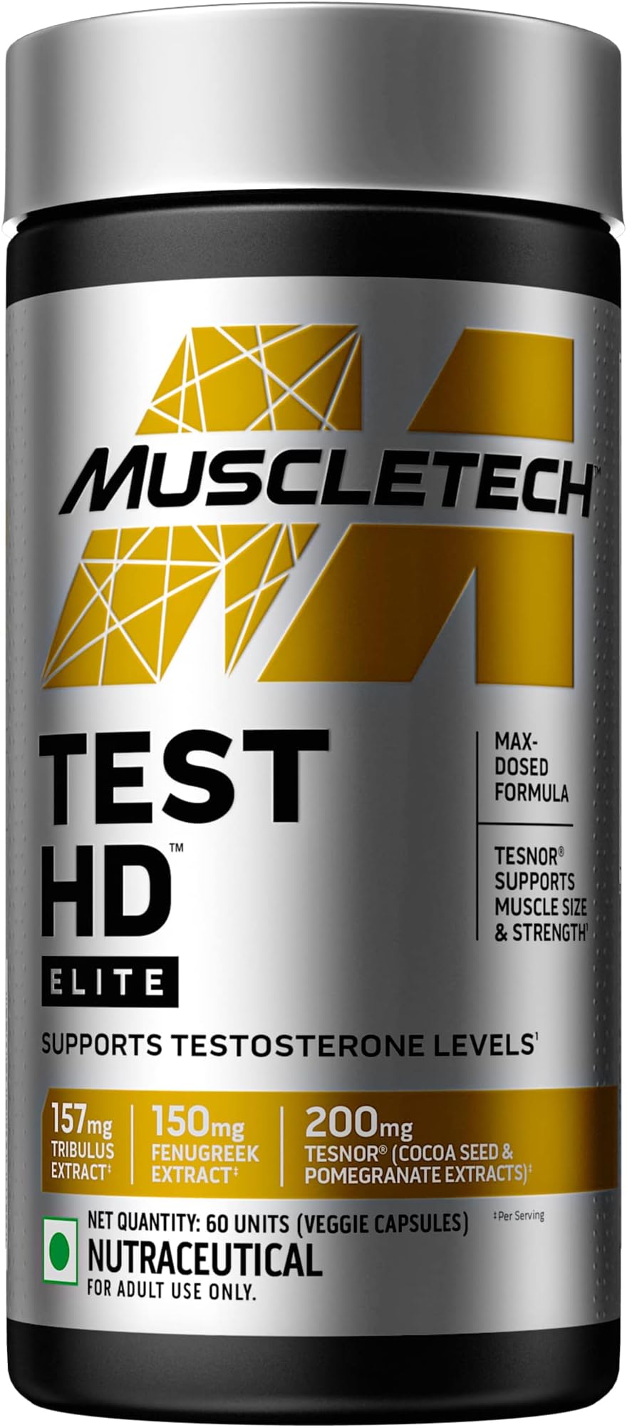 MuscleTech Test HD Elite, Tribulus Terrestris for Men, Max-Strength ATP & Test Booster for Men, Boost Free Testosterone Levels, 60 Veggie Capsules, 1 count