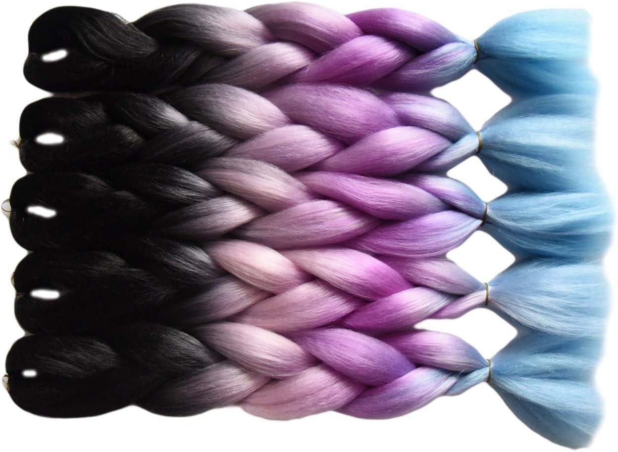 5Pieces/Lot Ombre Jumbo Braids Hair High-temperature Synthetic Crochet Twists Braiding Hair Extensions(24inch, Black/Light Purple/Light Blue) …