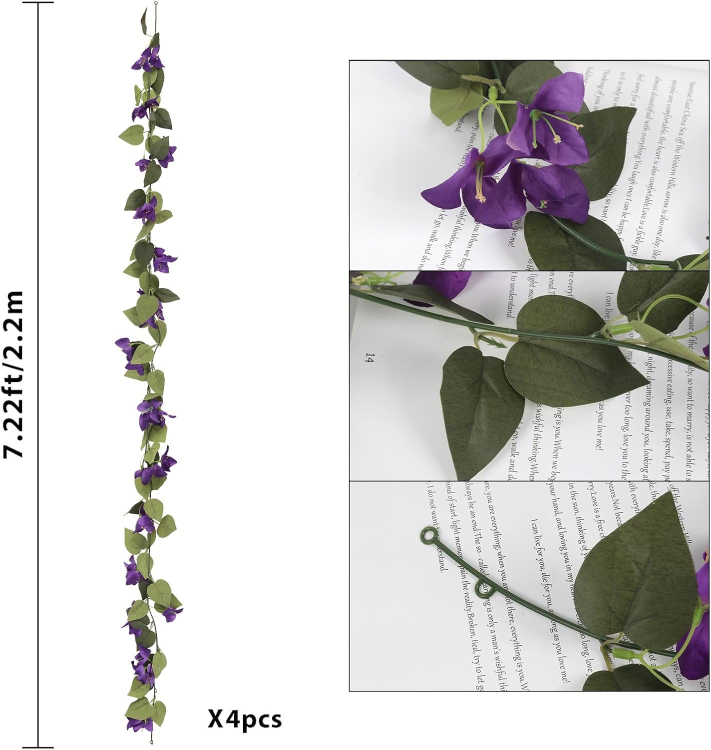4PCS 7.2ft/Piece Artificial Bougainvillea Purple Flowers Garland Faux Silk Bougainvillea Fake Vines for Wedding Arch Table Home Garden Wall Decor (Dark Purple)
