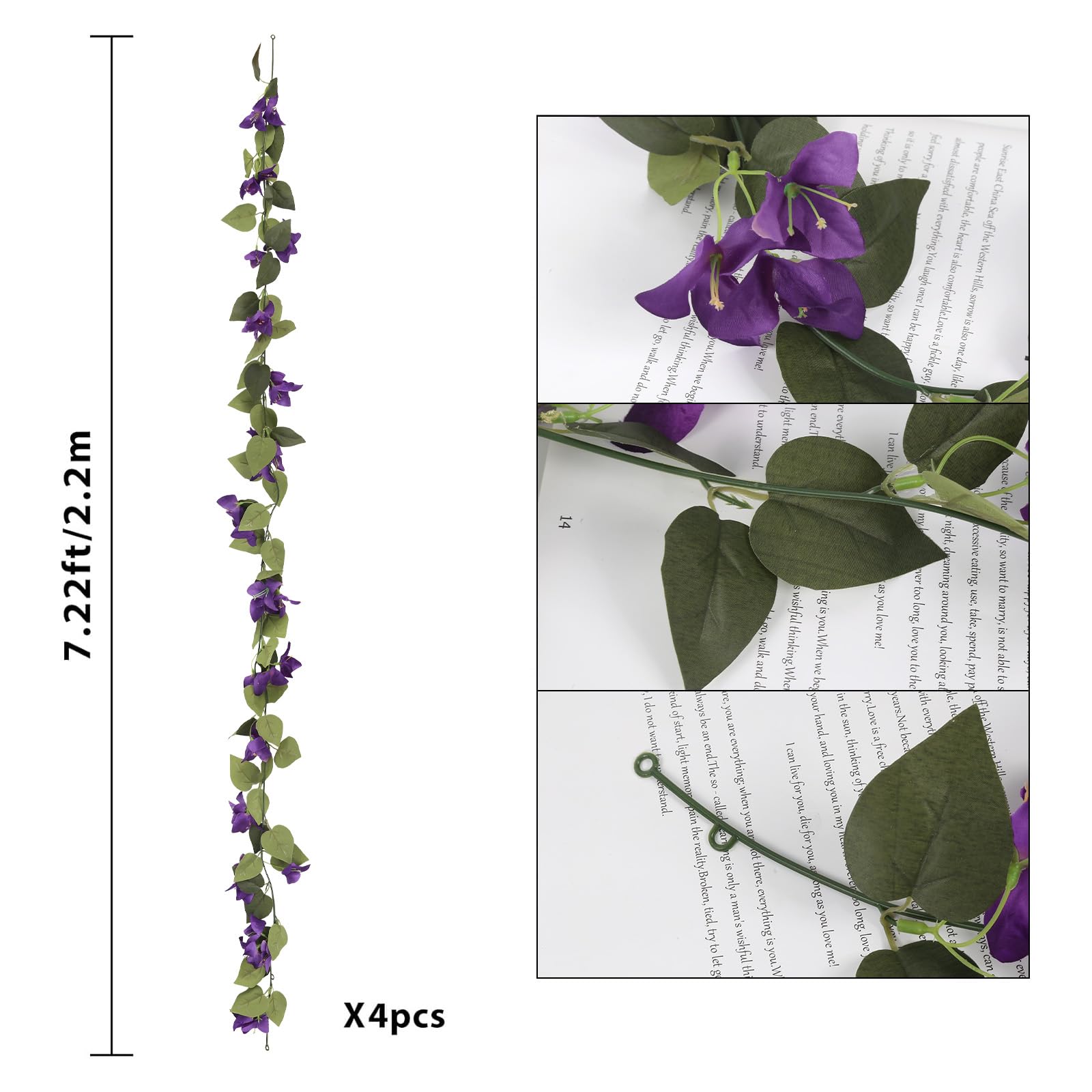 IPOPU Lot de 4 guirlandes de bougainvillées artificielles en soie pour arche de mariage, table, maison, jardin, décoration murale Violet foncé 2,2 m