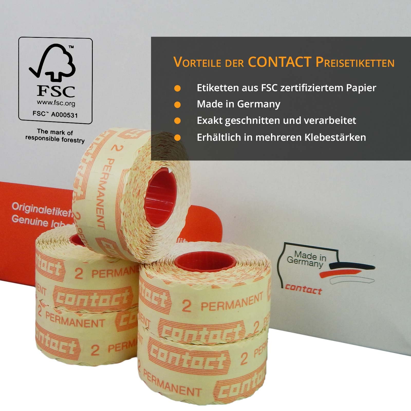 30.000 Contact Preisetiketten 26x12, weiss permanent, 20 Rollen a 1.500 Stück, Preisauszeichner Etiketten |HUTNER