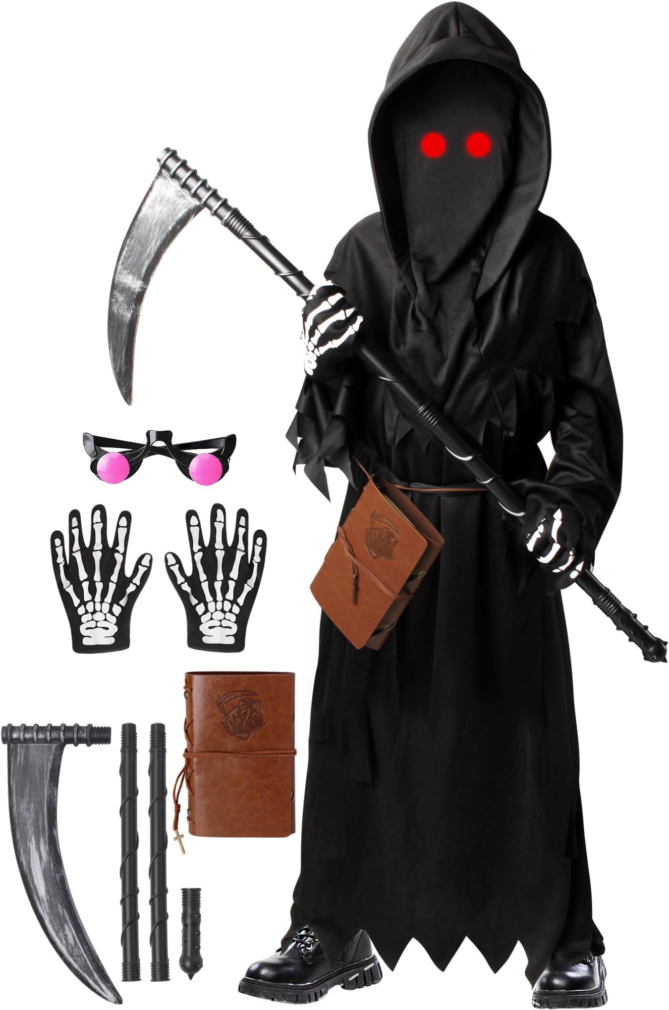 Grim Reaper Costume for Kids, Scary Halloween Costume for Boys with Glowing Red Eyes/Scythe/Notebook/Gloves