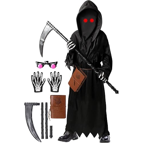 Oskiner Grim Reaper Costume for Kids,Scary Halloween Costume for Boys Girls