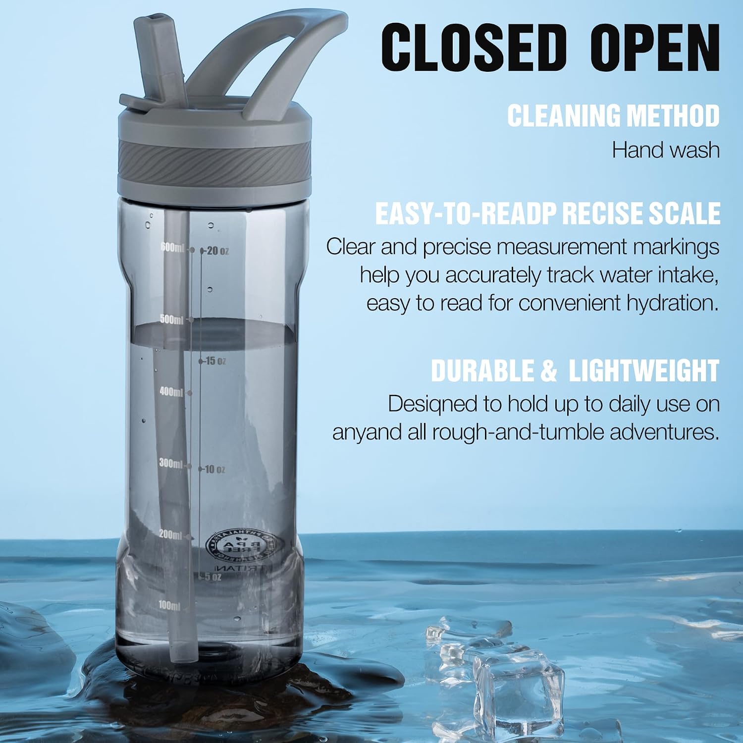 OLDLEY 20oz Kids Water Bottle with Straw, BPA-Free Tritan Water Bottle for School, Leakproof Clear Water Bottle with One Click Open, Measurement Scale, Cup Holder Friendly for Boys Girls,Grey image 5