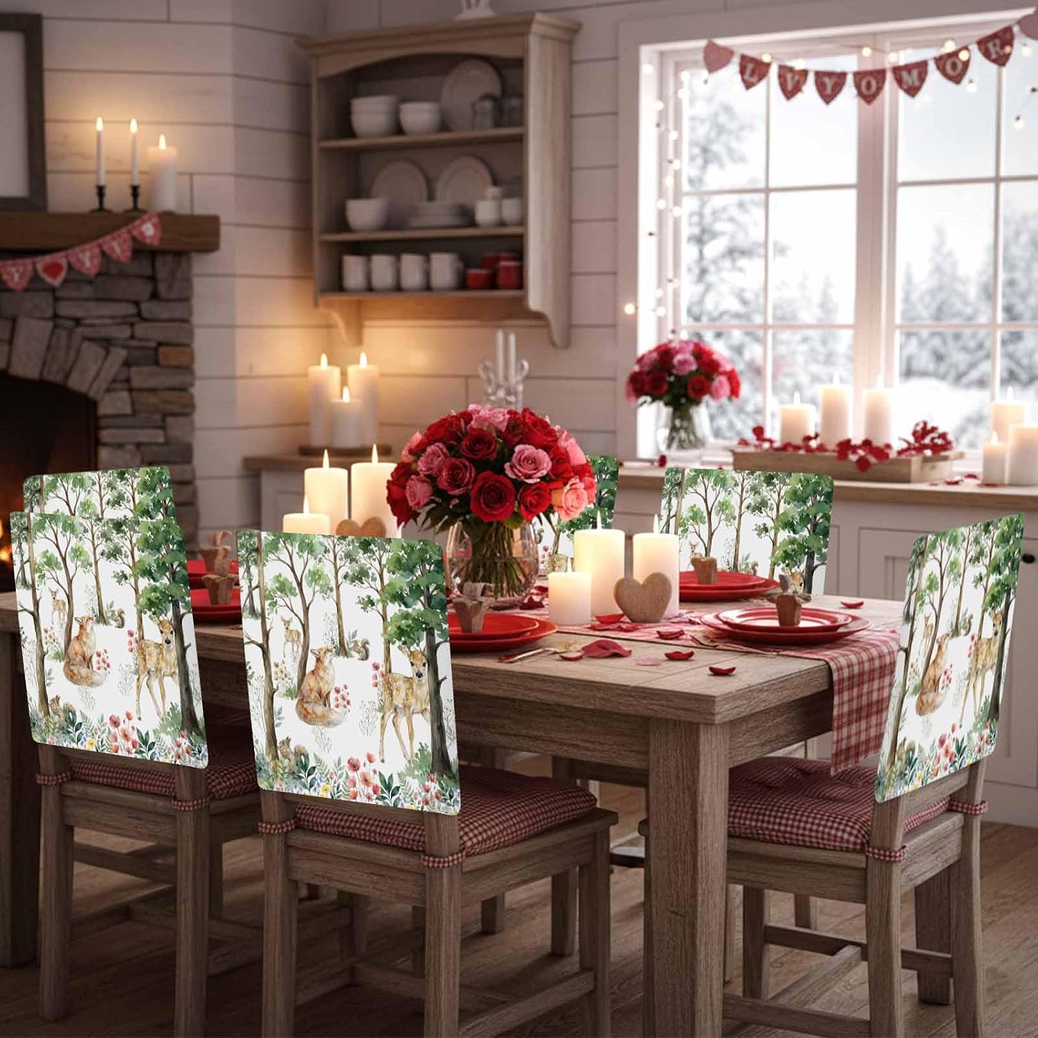 Chair Back Covers for Dining Chairs, Spring Forest Animals Back Chair Covers Set of 4, Universal Washable Removable Floral Botanical Trees Kitchen Chairs Slipcover Protector for Holiday Party Decor