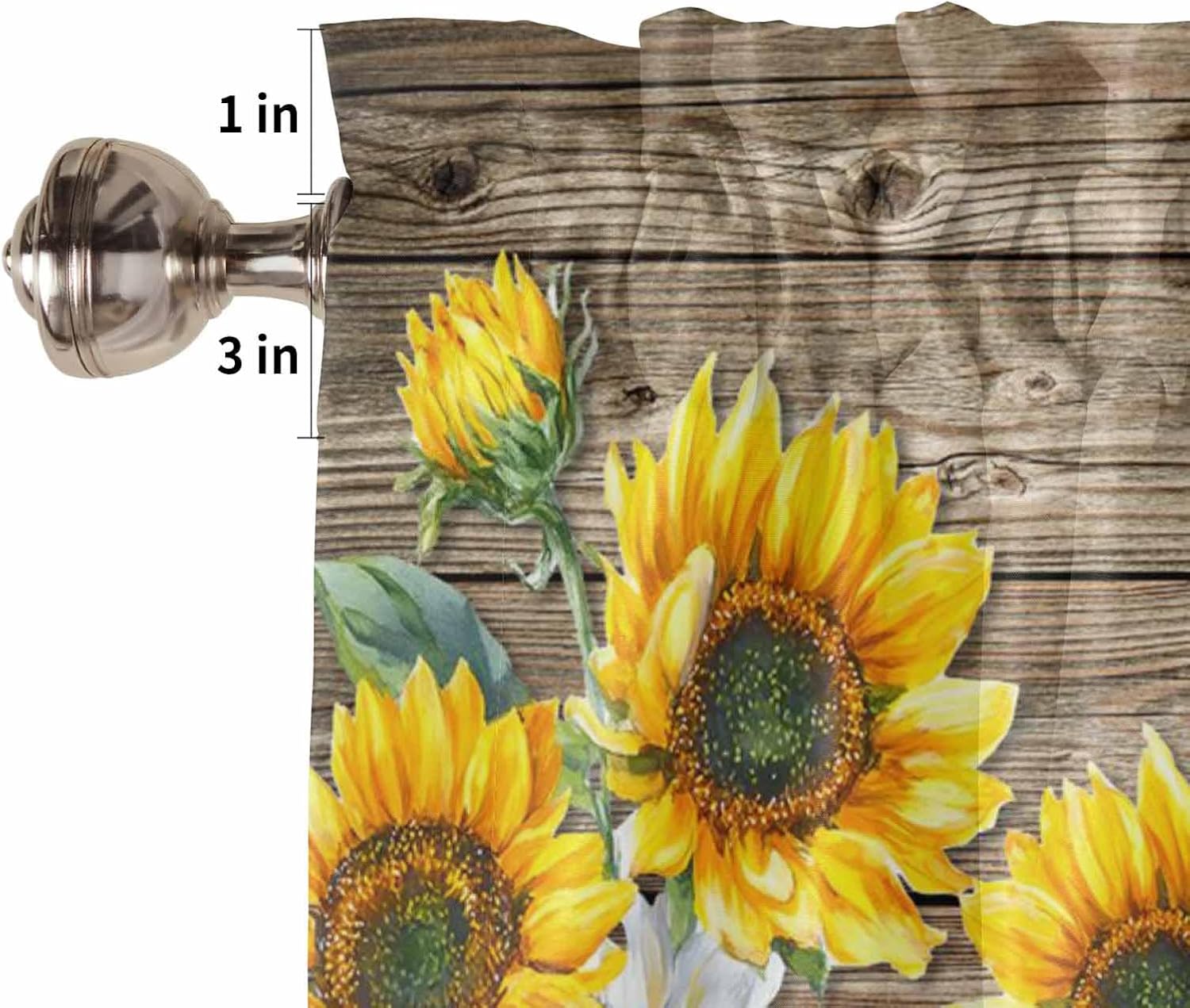 YOKOU 3 Piece Kitchen Curtains Tiers and Valances Set, Watercolor Sunflower Blessed Quote Rod Pocket Short Window Treatment Tiers Curtains Panel and Valance for Cafe Bathroom Farm Brown Wood Board