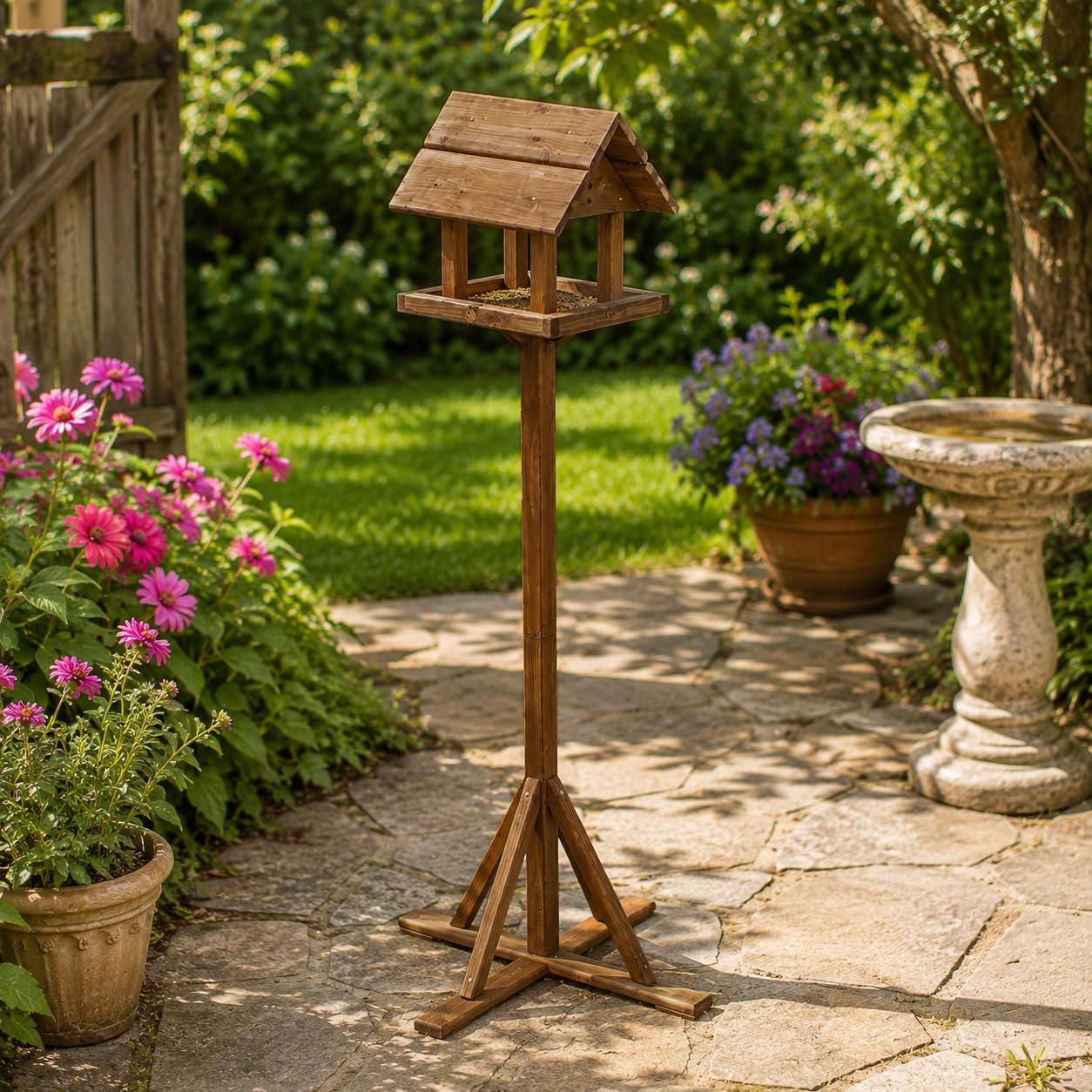 Garden Mile Tradizionale in Legno mangiatoia per Uccello da Giardino casa Dosatore impianto shelt Scacchi Nutrire Station Portatile Libero in Piedi